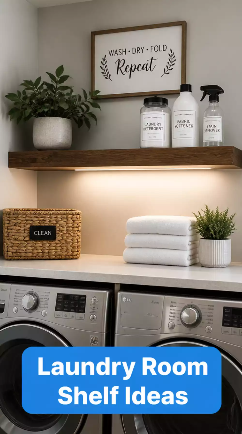 Laundry Room Floating Shelf Above the Washer That Holds Detergent and a Small Plant