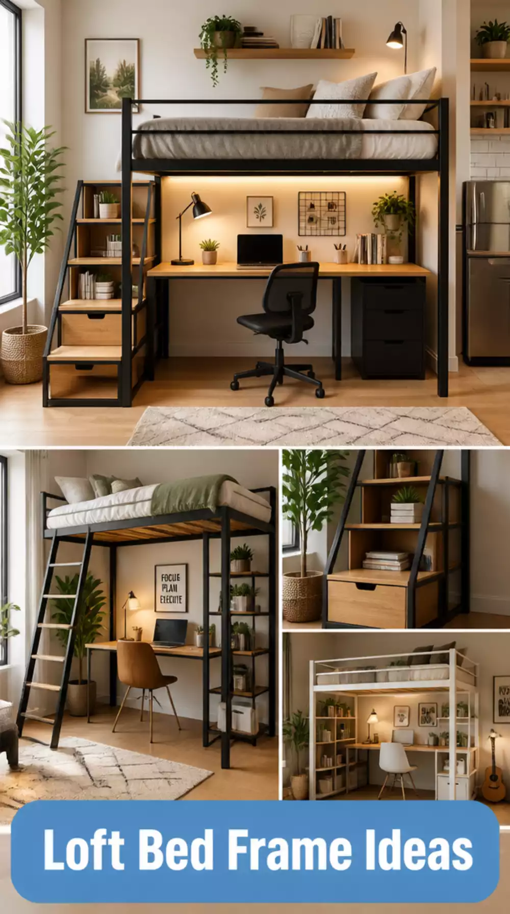 Studio Apartment Loft Bed Frame With a Desk Built Underneath That Reclaims Floor Space