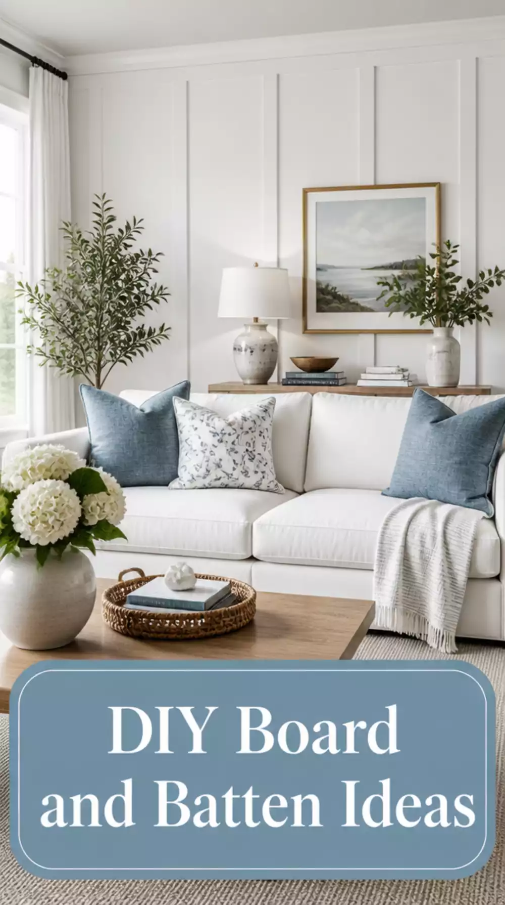 Living Room DIY Board and Batten Accent Wall Using Thin Timber Strips and White Paint