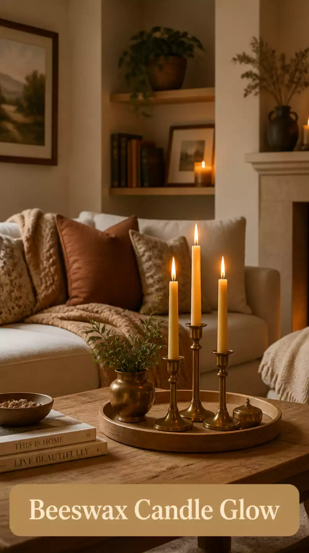 Living Room Beeswax Taper Candle Set in Brass Holders That Adds Warm Scent and Elegant Glow