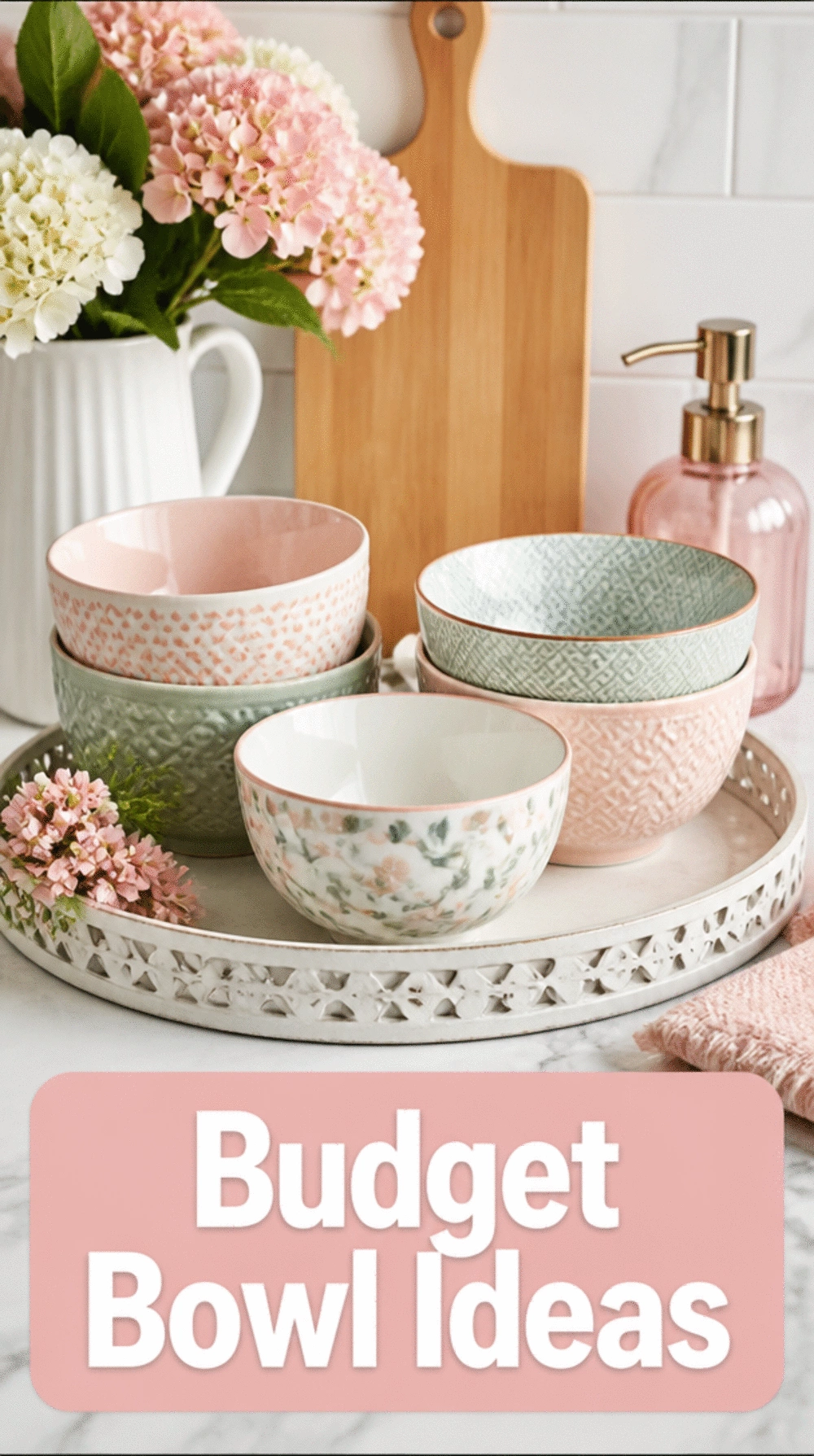 Kitchen Dollar Store Small Ceramic Bowl Set Grouped on a Counter Tray for an Organised Look