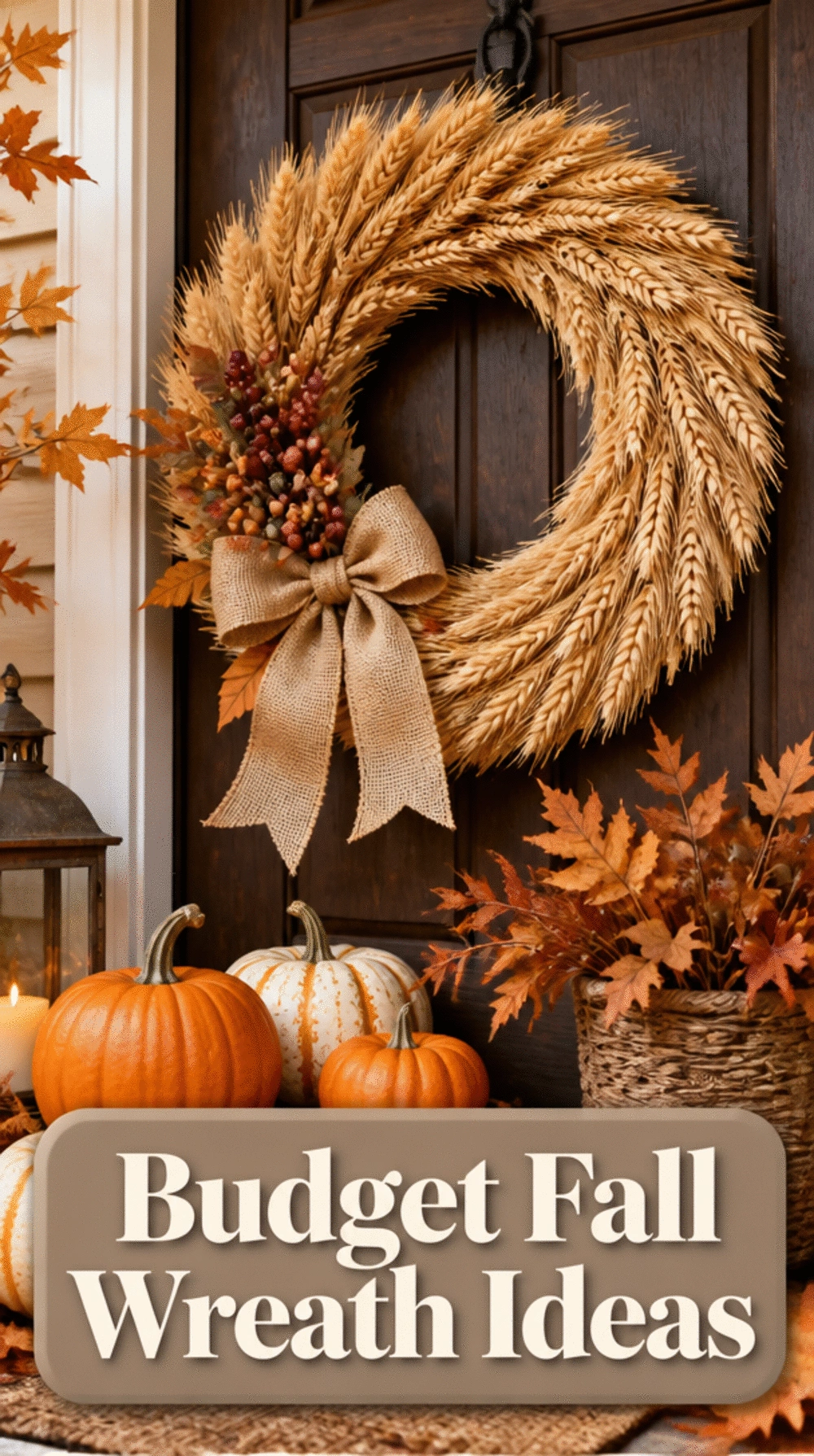 Front Porch Fall Wreath in Dried Wheat, Hessian Ribbon, and Faux Berries for Under Eight Dollars