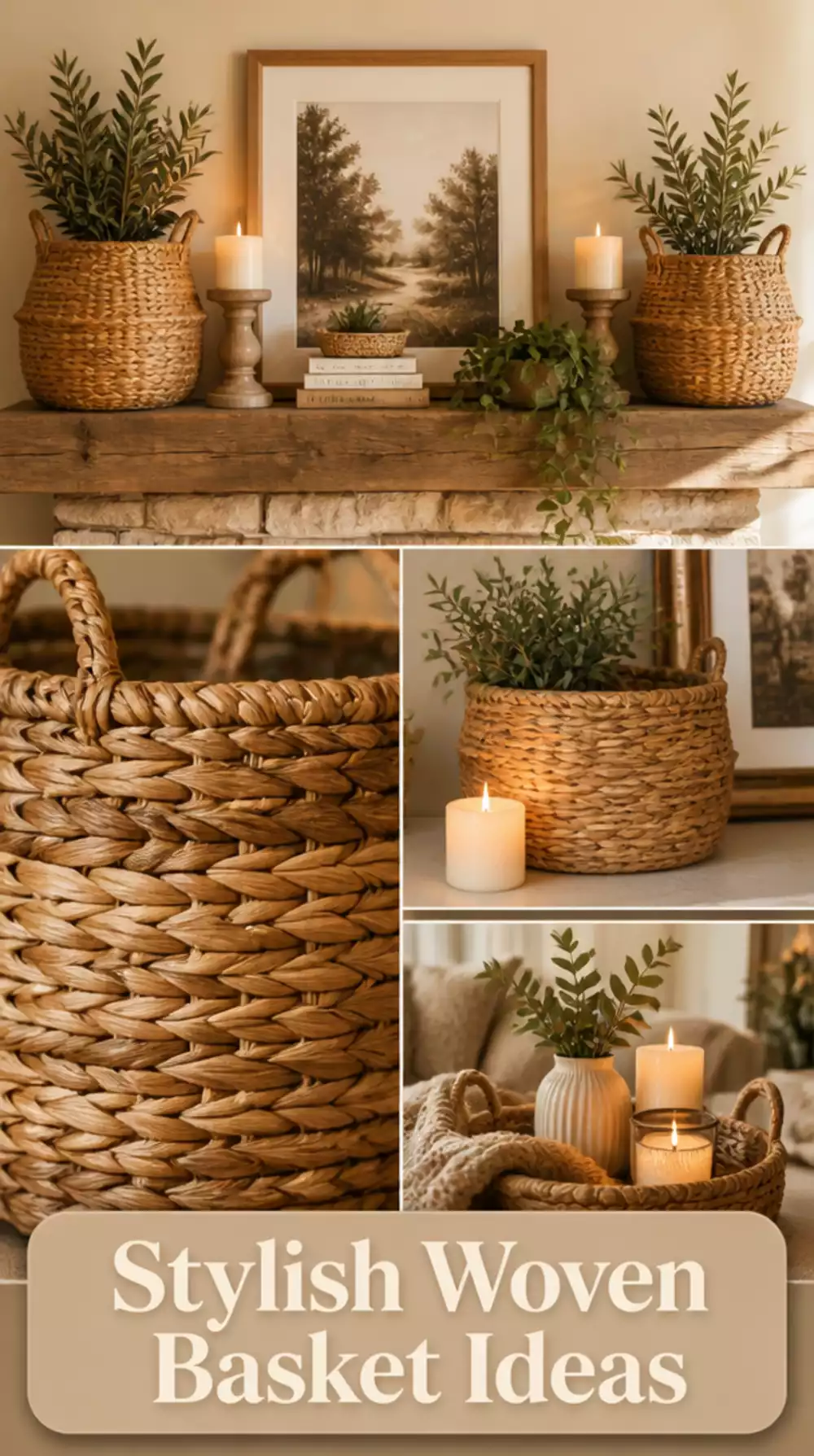 Living Room Mantel Woven Basket Pair on Each End That Grounds the Surround With Natural Texture