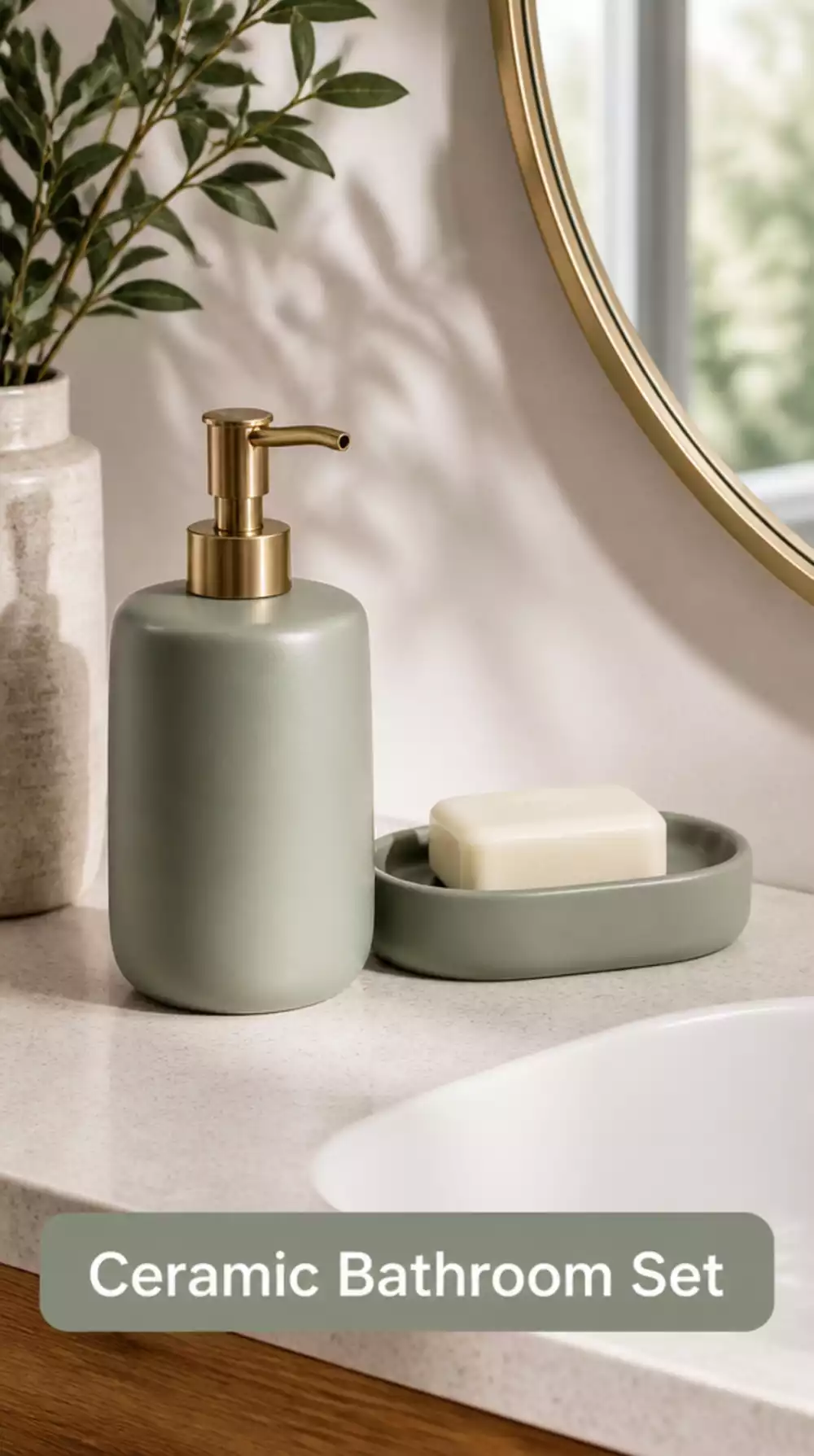 Bathroom Ceramic Soap Dish and Dispenser Set in a Matte Sage for a Cohesive Look