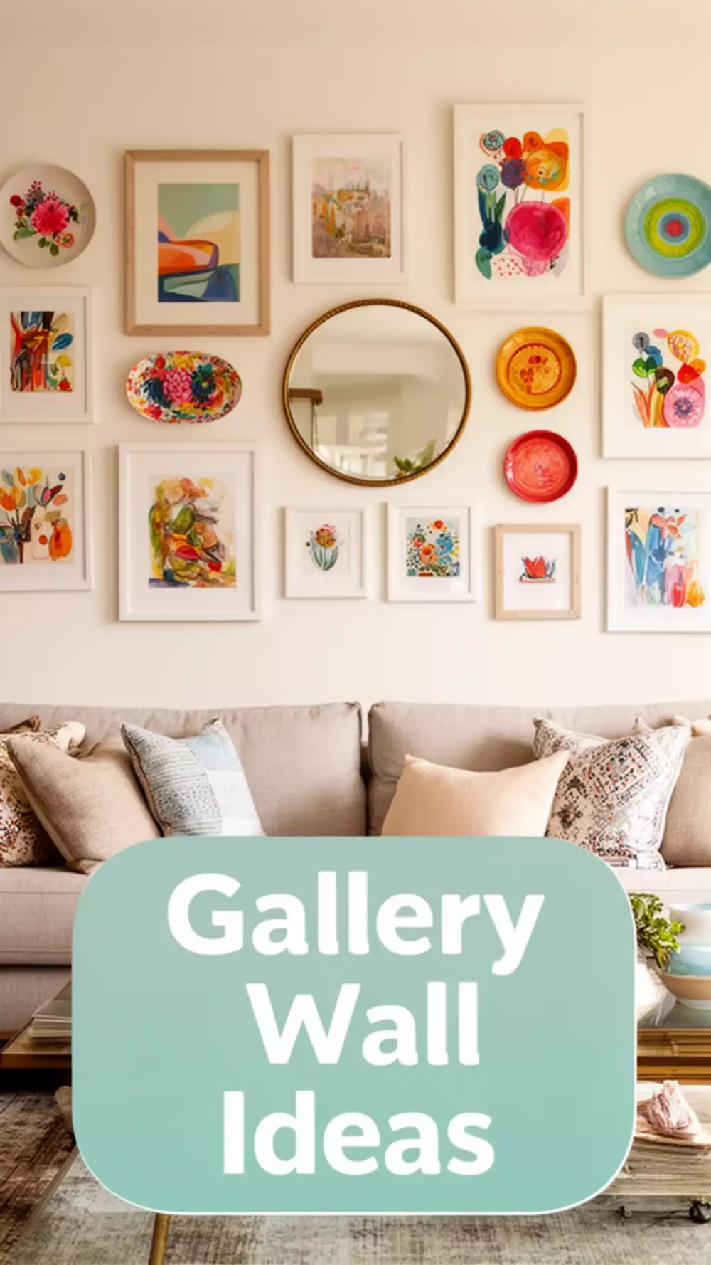 Living Room Maximalist Gallery Wall Using Prints, Mirrors, and Plates in a Floor-to-Ceiling Arrangement