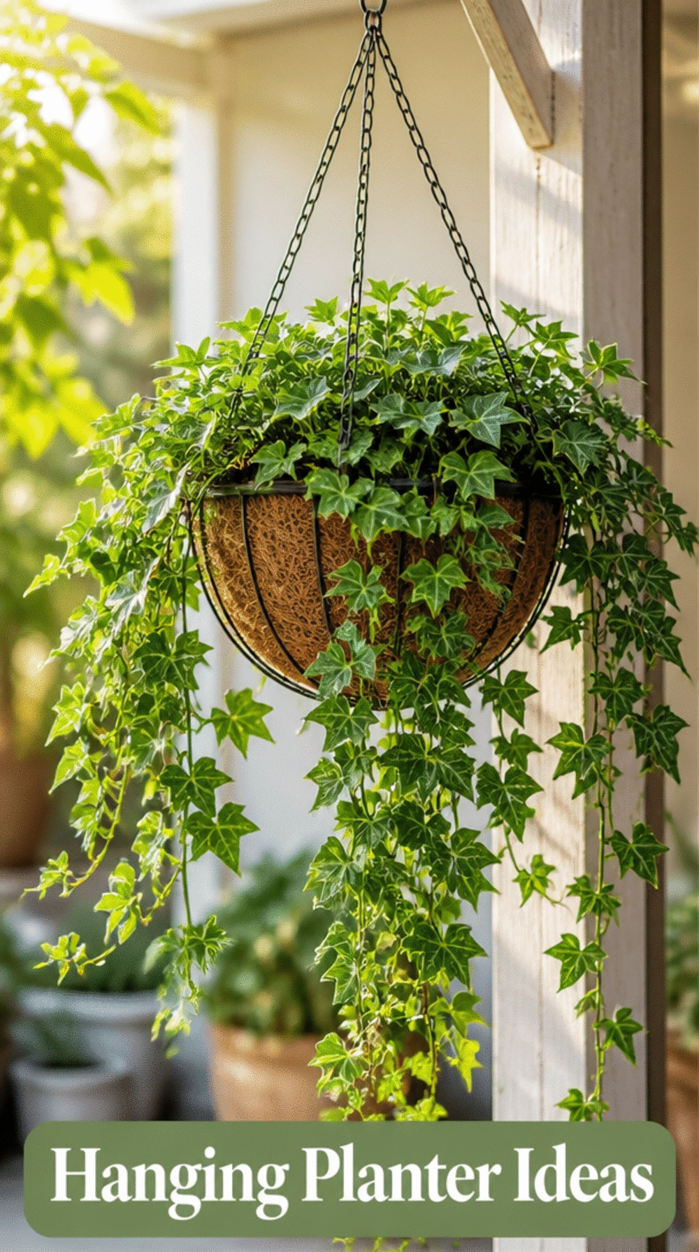 Front Porch Hanging Planter Basket in a Wire Frame Overflowing with Trailing Ivy