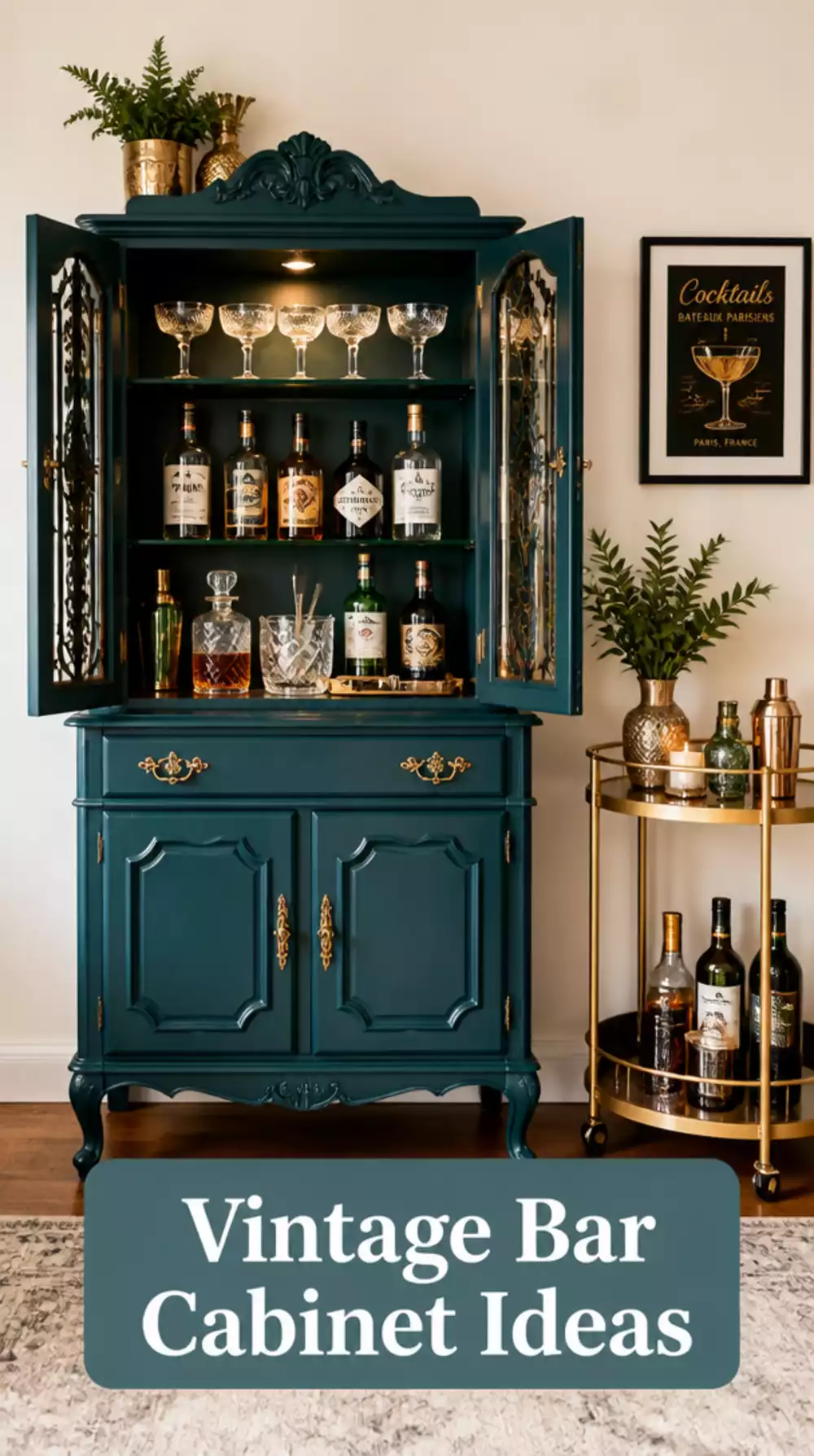 Living Room Vintage Bar Cabinet Upcycled in a Deep Teal Paint for a Statement Drinks Corner