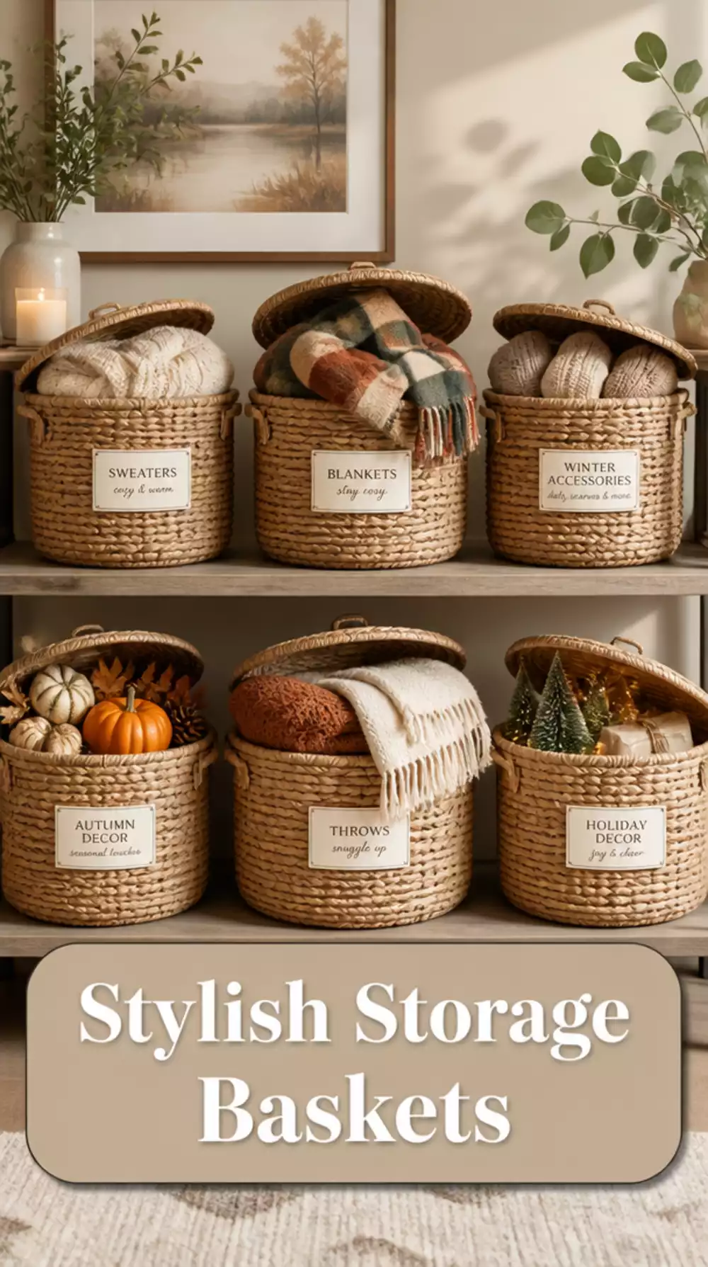 Bedroom Woven Lidded Basket on a Shelf That Hides Seasonal Items Out of Sight