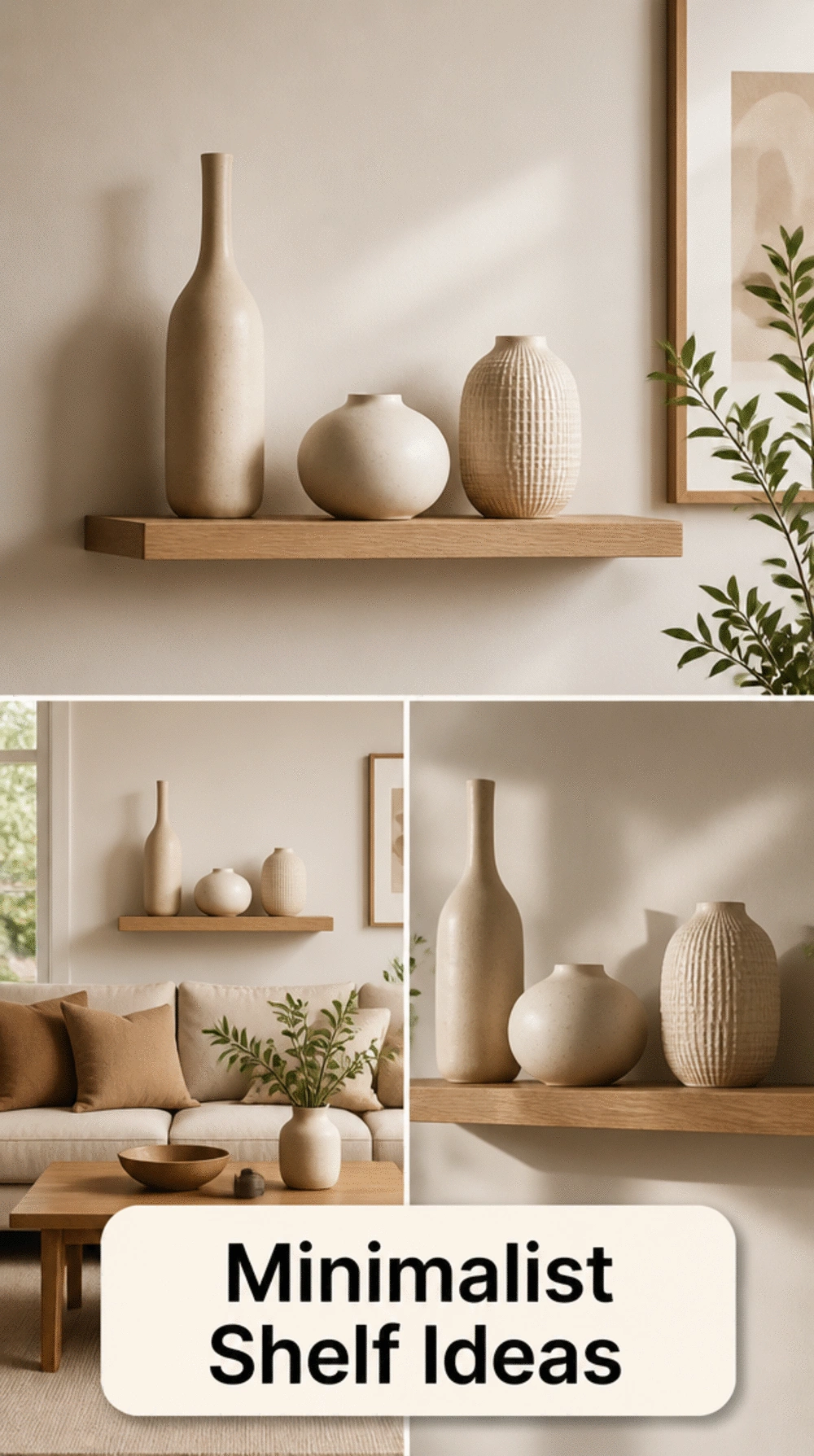 Living Room Minimal Floating Shelf Display Using Only Three Simple Ceramic Pieces