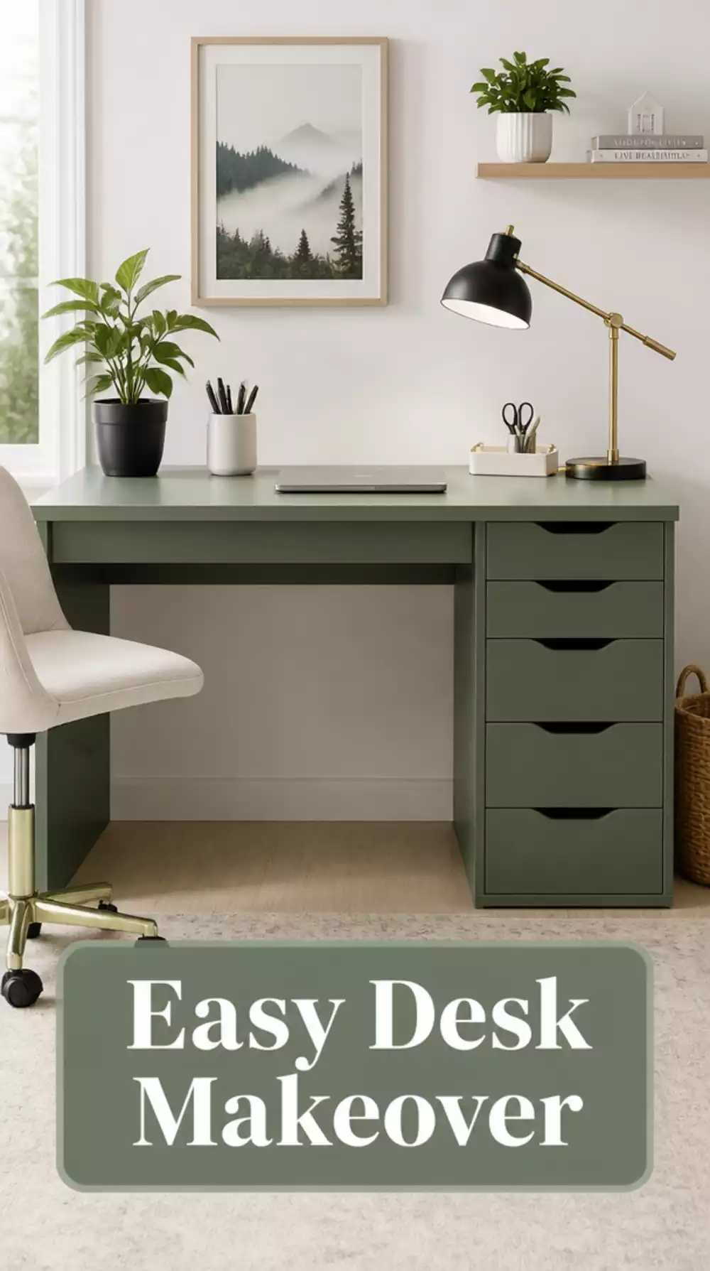 Home Office DIY Desk Painted in a Deep Sage That Transforms a Plain IKEA Unit