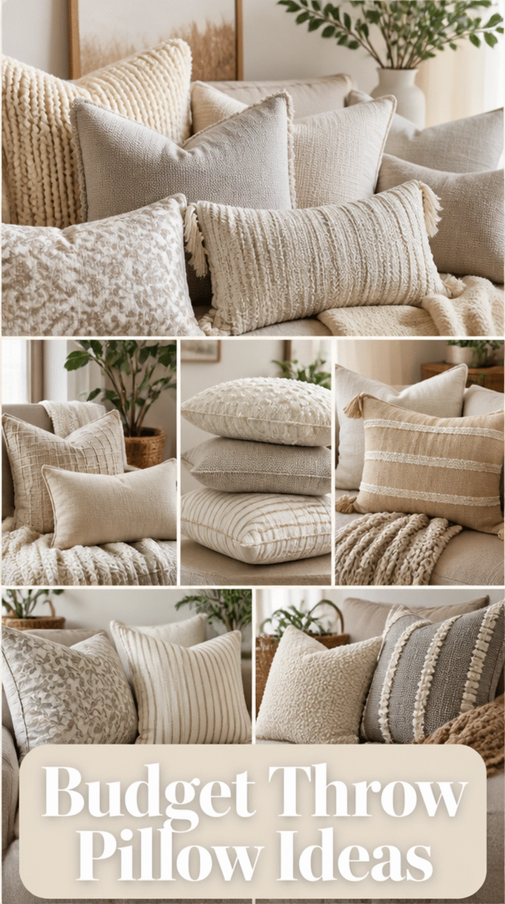 Living Room Layered Neutral Throw Pillow Set Mixing Stone, Cream, and Sand Tones Together