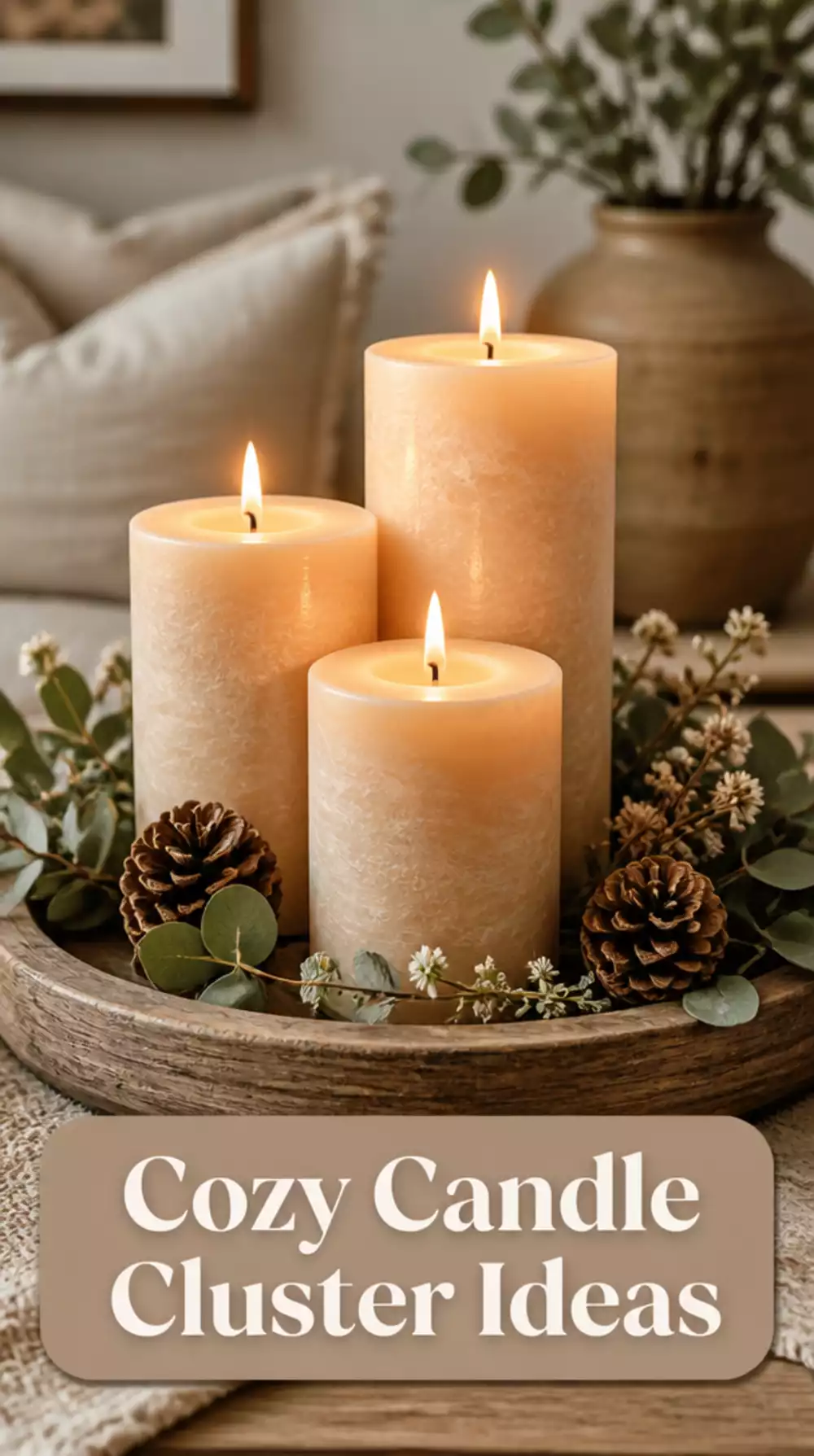 Living Room Mantel Candle Cluster Using Three Pillar Candles in Varying Heights on a Wooden Tray