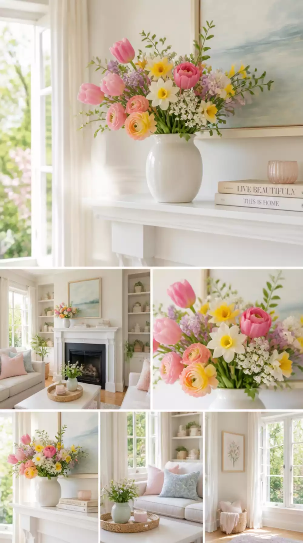 Living Room Spring Floral Stem Arrangement in a Simple White Ceramic Vase for the Mantel