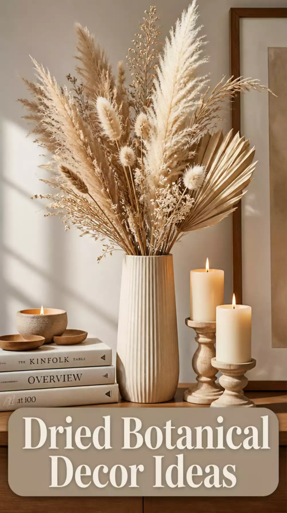 Living Room Mantel Dried Botanical Arrangement in a Tall Slim Vase as a Natural Centrepiece