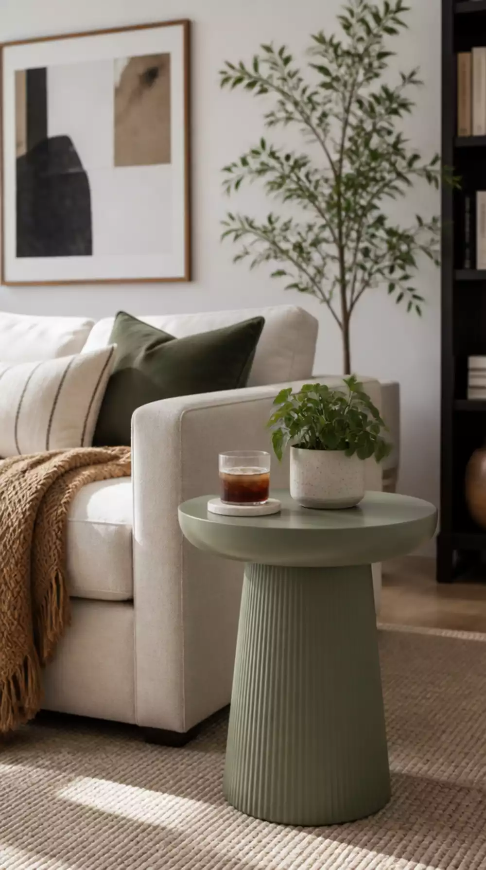 Living Room Upcycled Side Table Repainted in a Matte Sage for a Fresh Modern Look