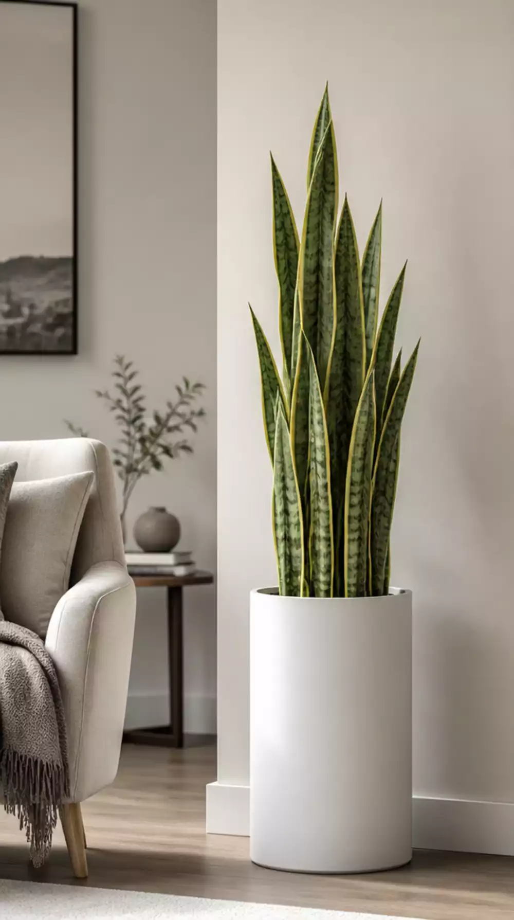 Living Room Tall Snake Plant in a Matte White Cylinder Pot for a Minimal Look