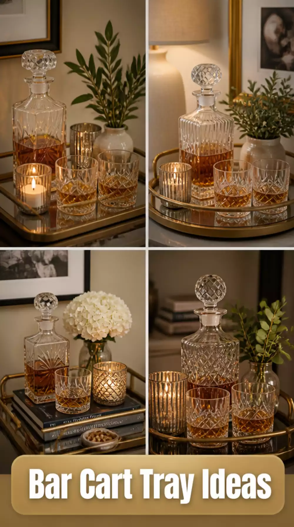 Living Room Bar Cart Tray Arrangement Using a Decanter- Two Glasses- and a Candle Cluster