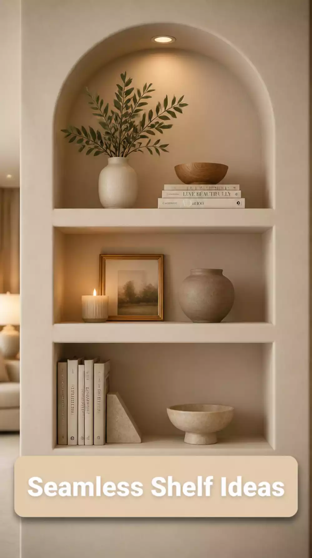 Living Room Built-In Alcove Shelf Painted in the Same Tone as the Wall for a Seamless Look