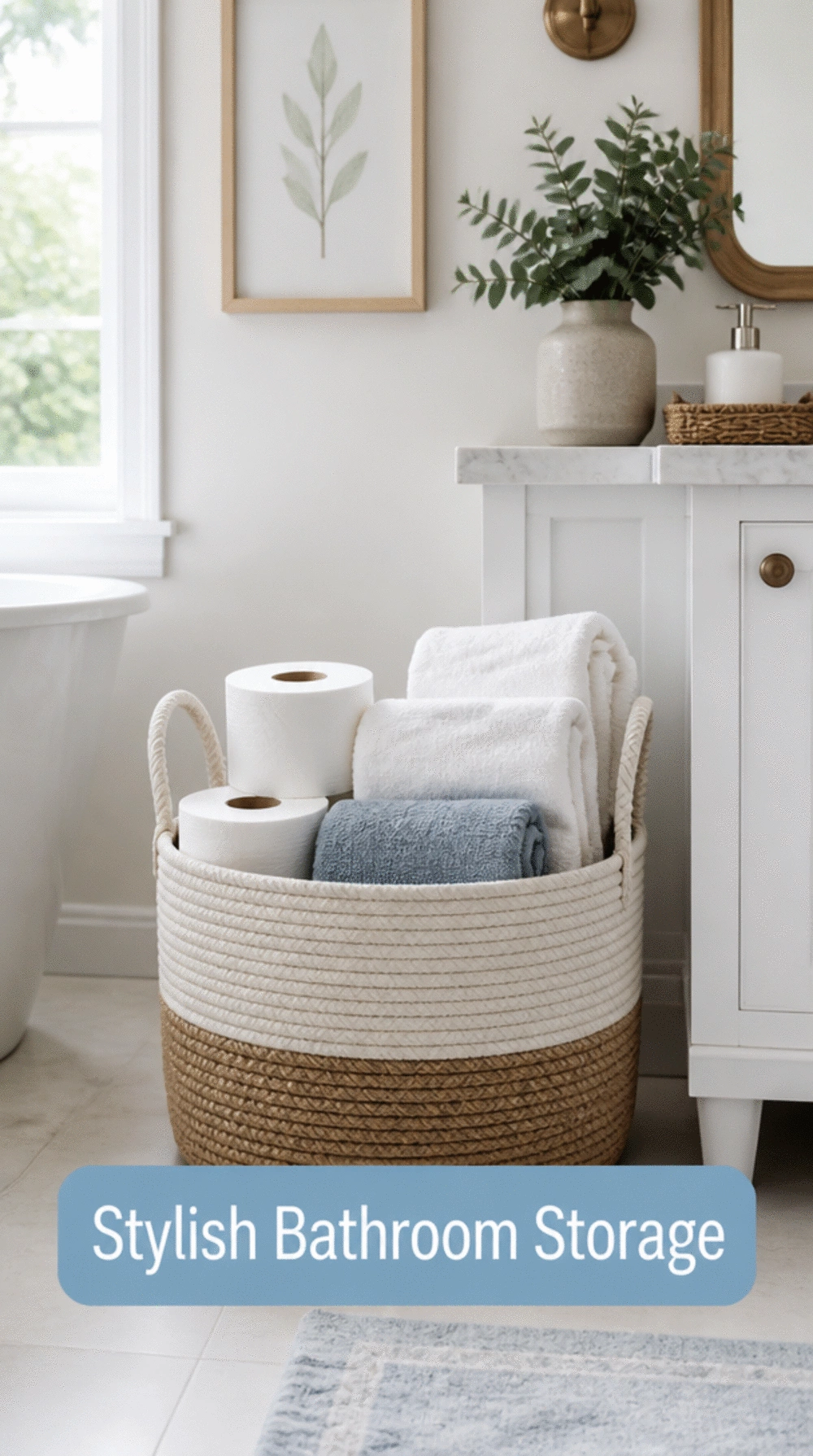 Bathroom Dollar Store Linen Rope Basket Used as a Neat Toilet Paper and Towel Holder
