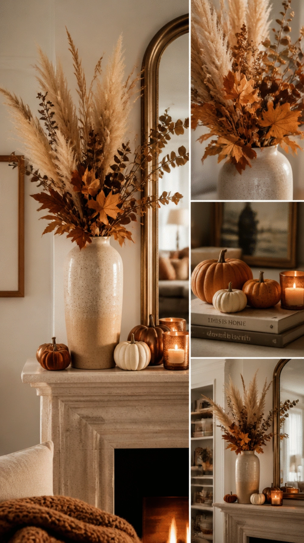 Living Room Dried Pampas and Autumn Leaf Arrangement in a Tall Ceramic Vase for the Mantel