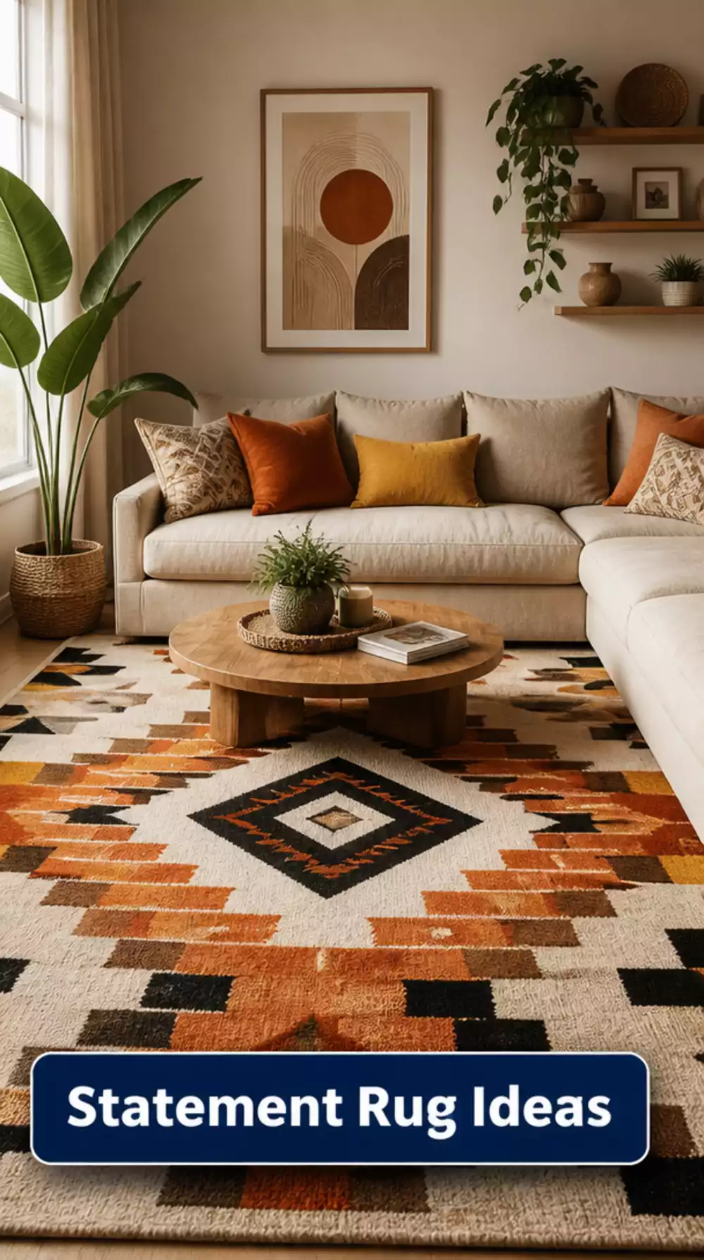 Bold Geometric Rug Transforms Neutral Living Room