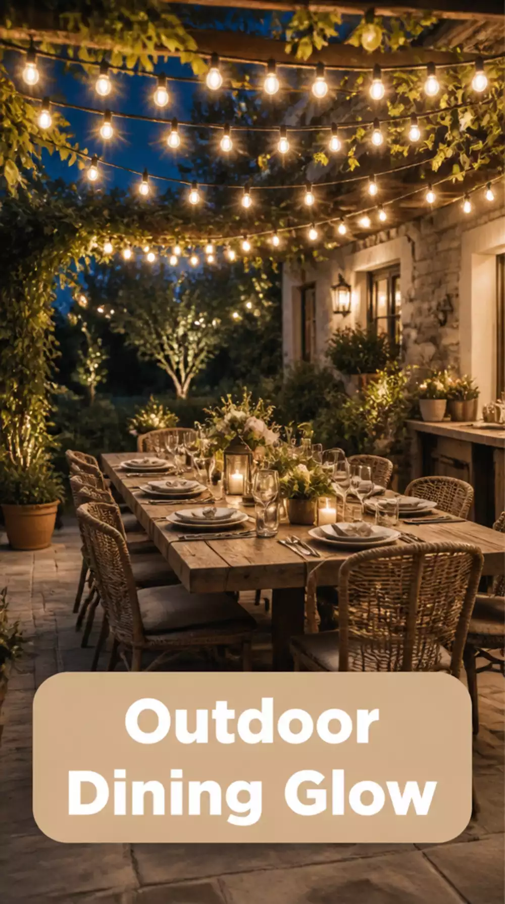 Patio String Light Overhead Canopy Strung Between Four Corner Posts for an Outdoor Dining Glow