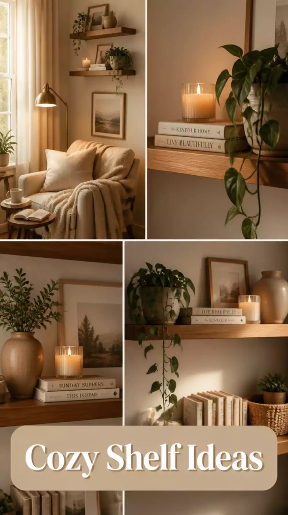 Reading Nook Floating Shelf Display With a Small Candle, Books, and a Trailing Plant