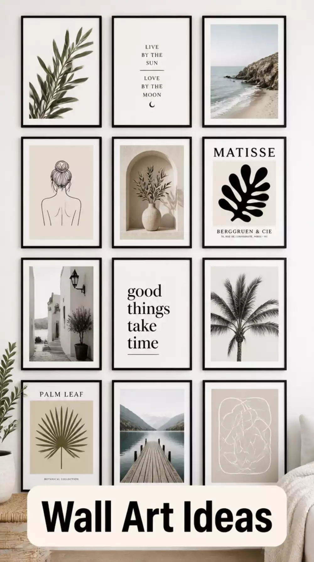 Living Room Wall Art Prints in a Simple Black Frame Grid