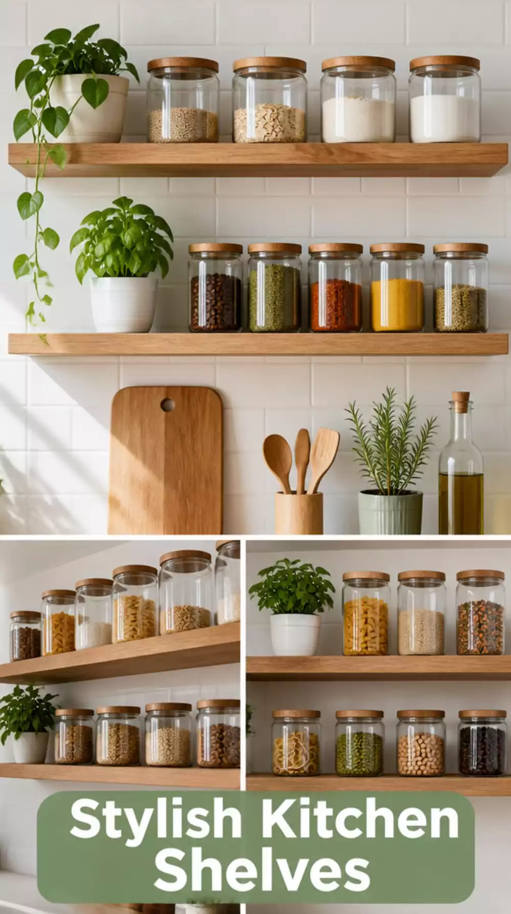 Kitchen Floating Open Shelf Styled With Clear Jars and a Small Potted Herb