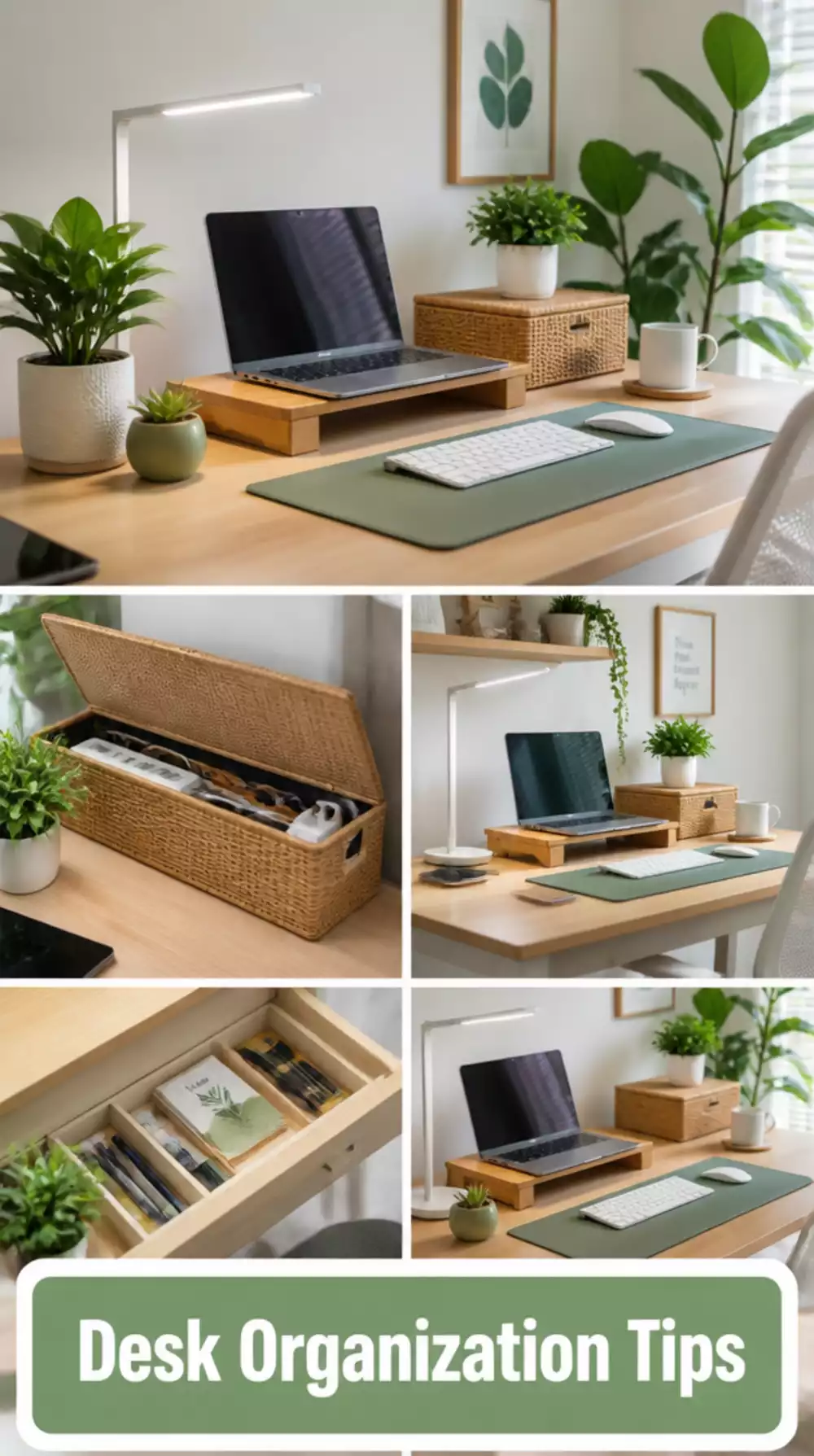 Home Office Desk Surface Cleared and Restyled With a Plant- Lamp- and Tray Organiser
