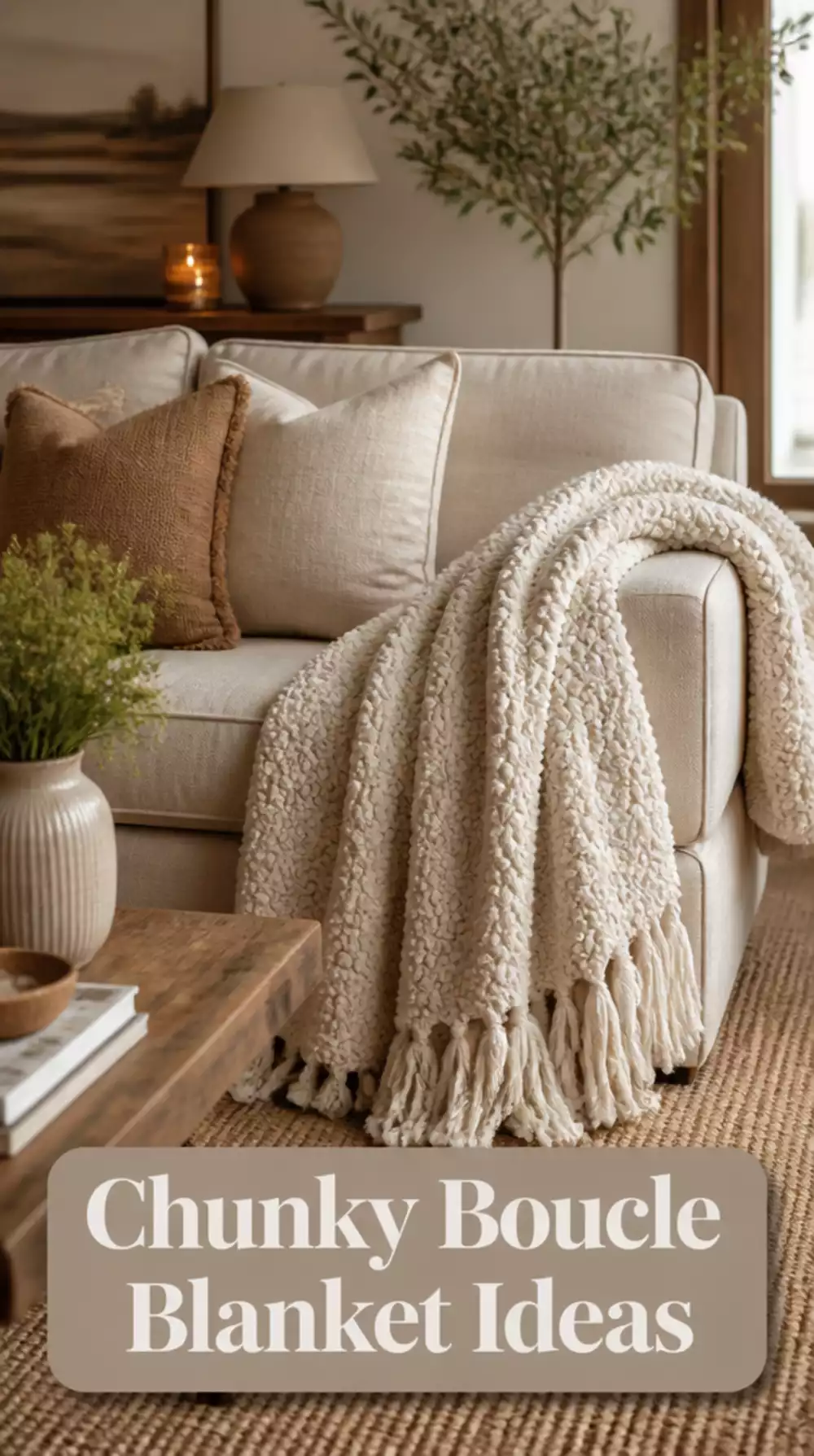 Living Room Couch Throw Blanket in a Chunky Boucle Draped Over One Arm