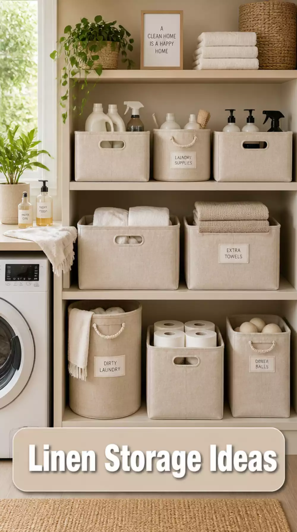 Laundry Room Matching Linen Storage Bin Set in a Natural Tone for a Tidy Utility Look