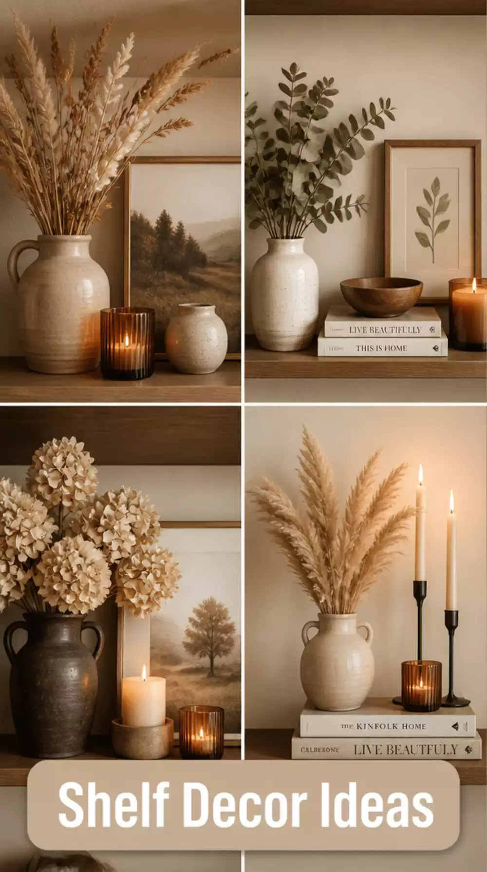 Styled Living Room Shelf with Dried Botanicals and Candles