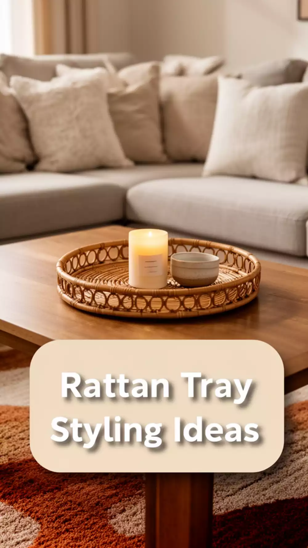 Living Room Rattan Coffee Table Tray Styled with a Candle and Small Ceramic Bowl