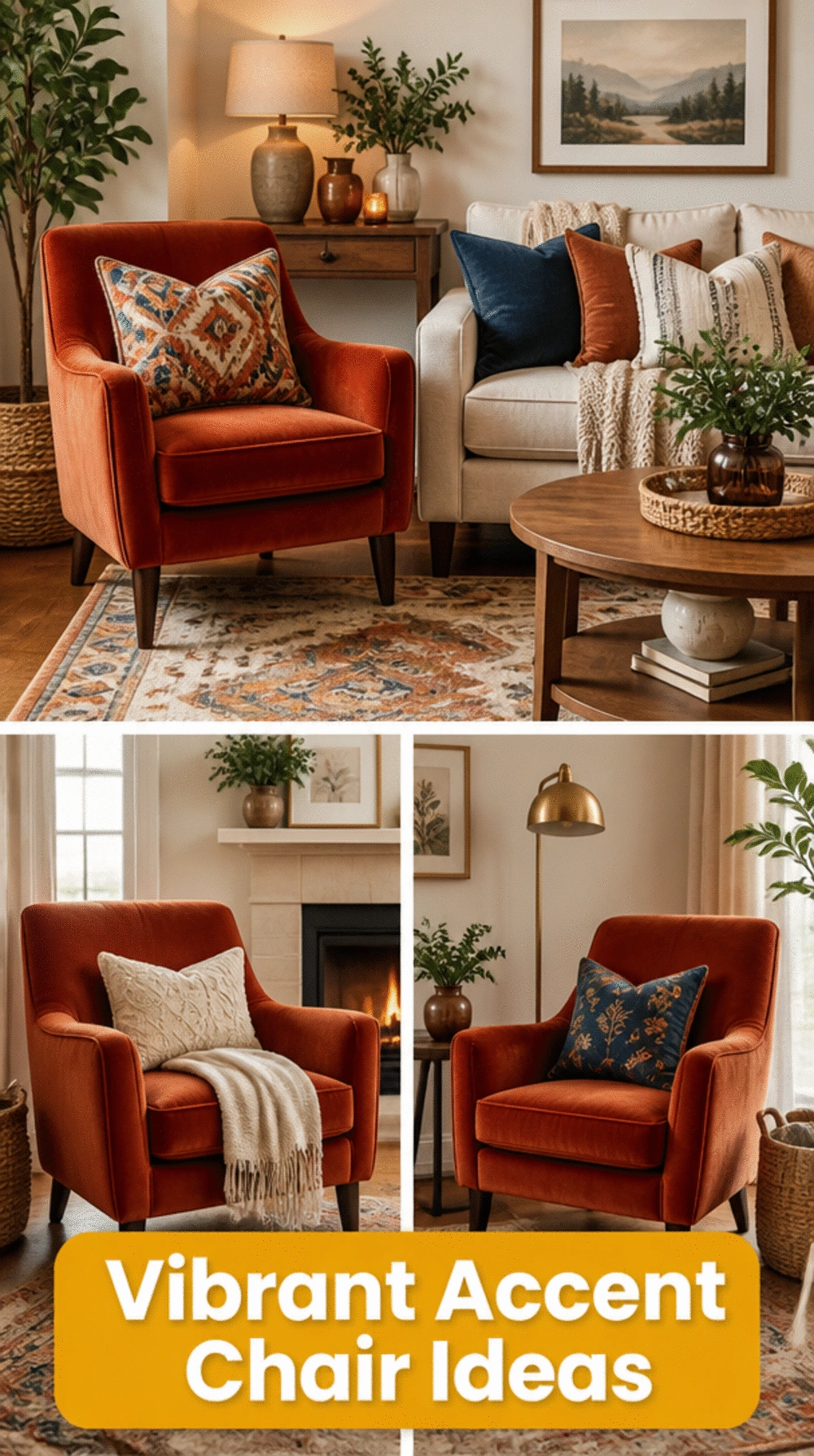 Living Room Velvet Armchair in a Deep Rust Tone as a Colourful Statement Beside the Sofa