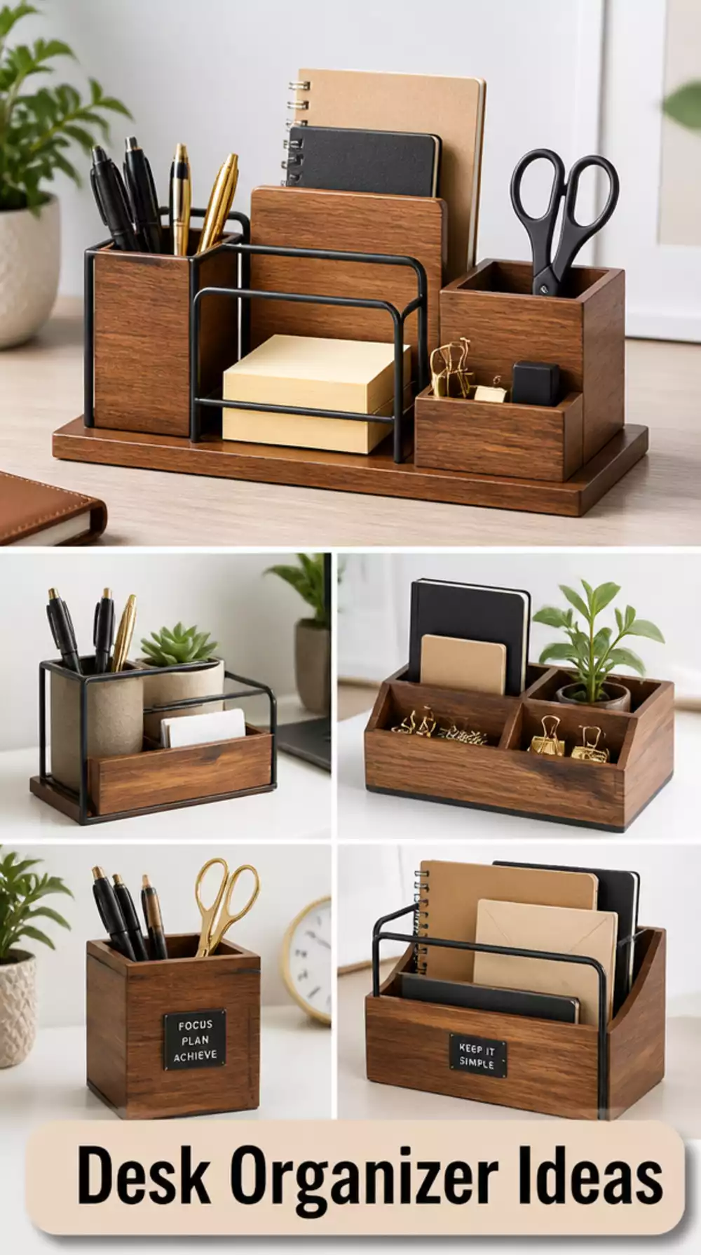 Home Office Desk Organiser Set in a Matching Natural Wood and Metal Combo