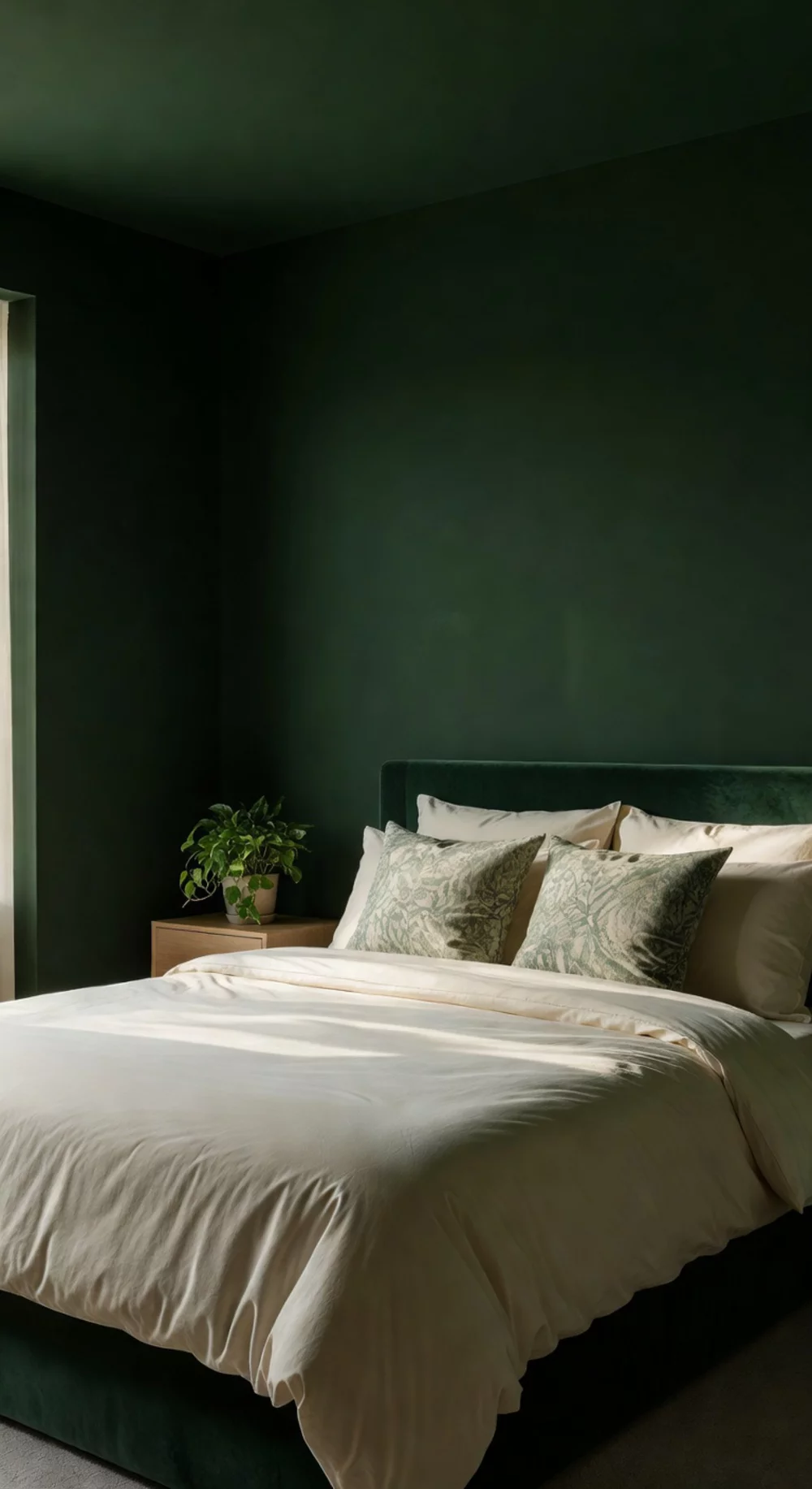 Bedroom Colour Drench in a Deep Forest Green on Walls, Ceiling, and Skirting