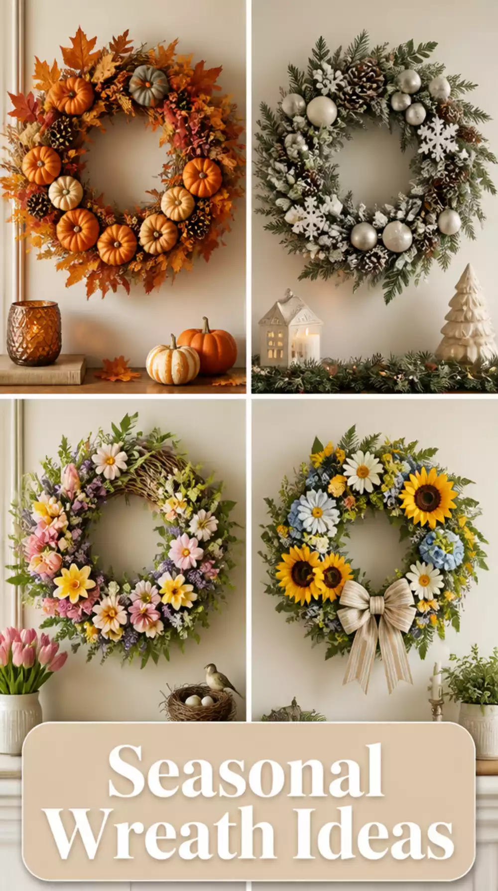 Living Room Seasonal Wreath on an Interior Wall Hook That Swaps Out Each Season