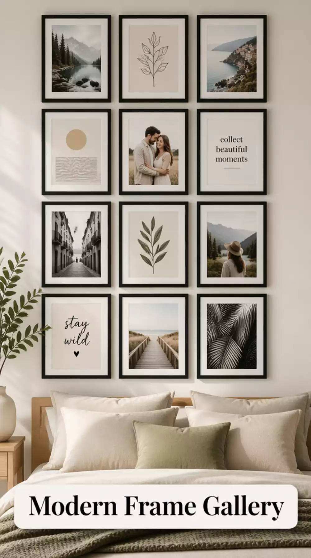 Bedroom Matte Black Picture Frame Gallery in a Tight Symmetrical Grid for a Modern Wall
