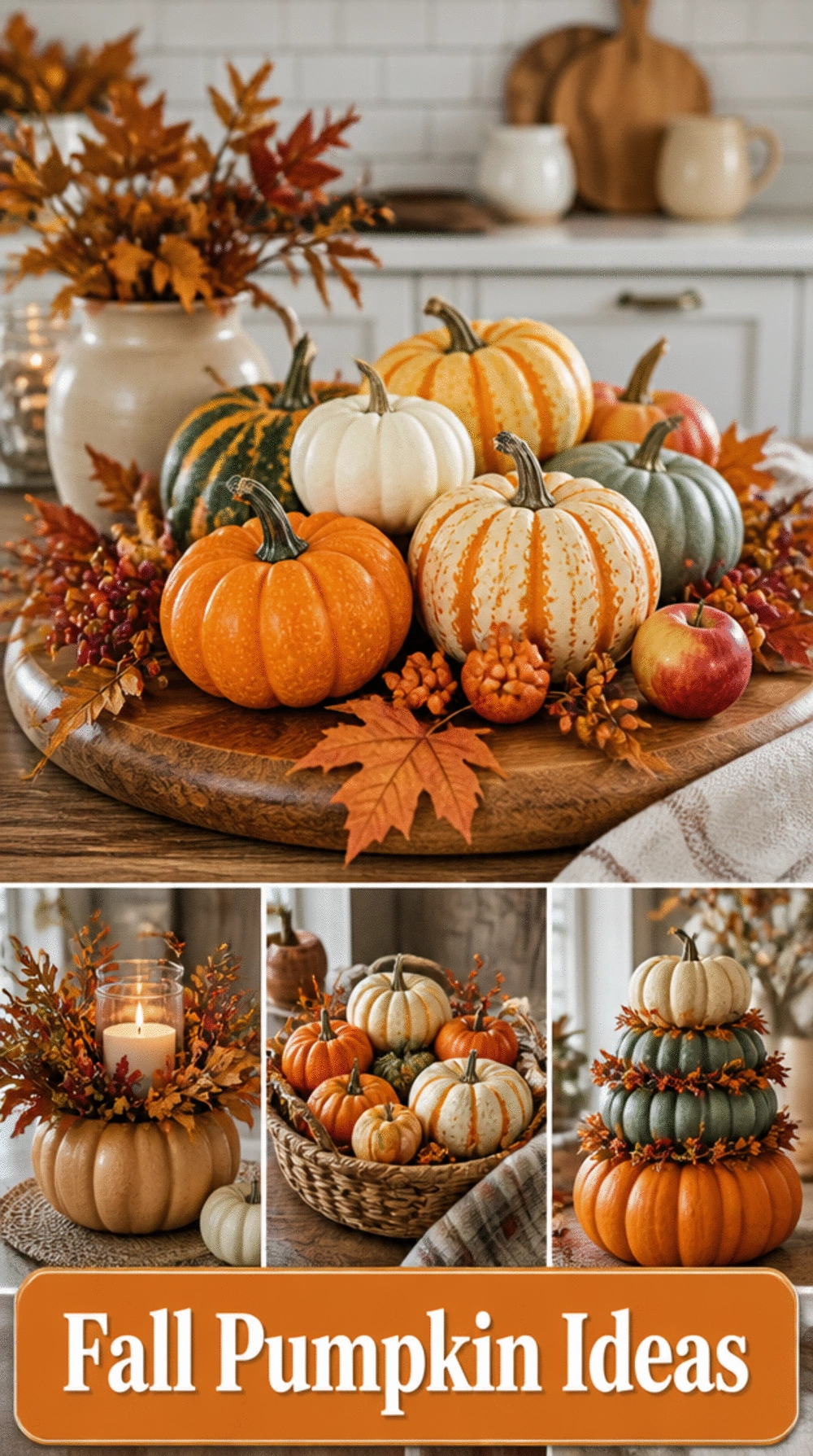 Kitchen Fall Pumpkin Cluster on a Wooden Board as a Simple Seasonal Centrepiece