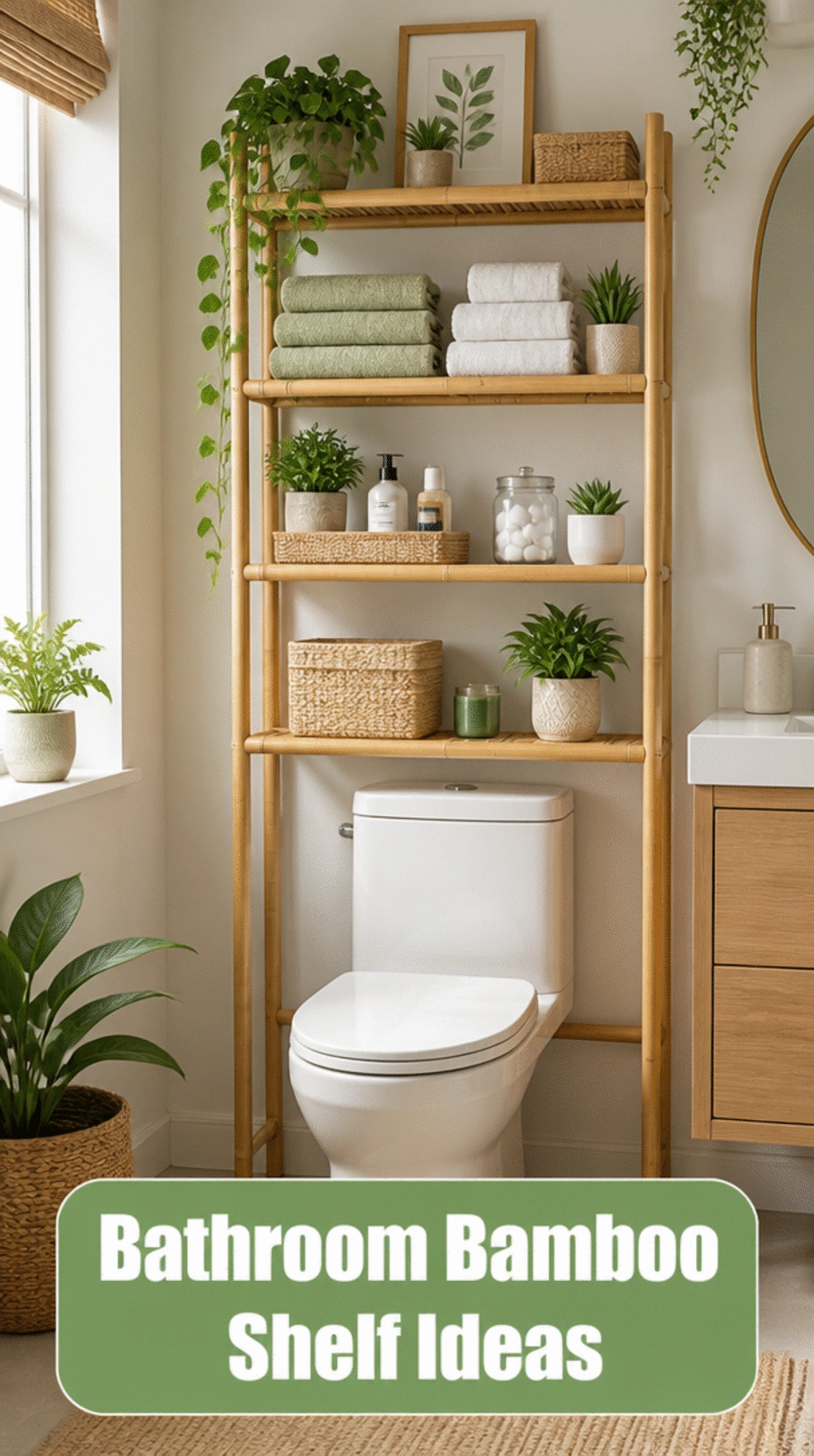 Bathroom Bamboo Shelf Tower Over the Toilet That Adds Storage in Dead Space