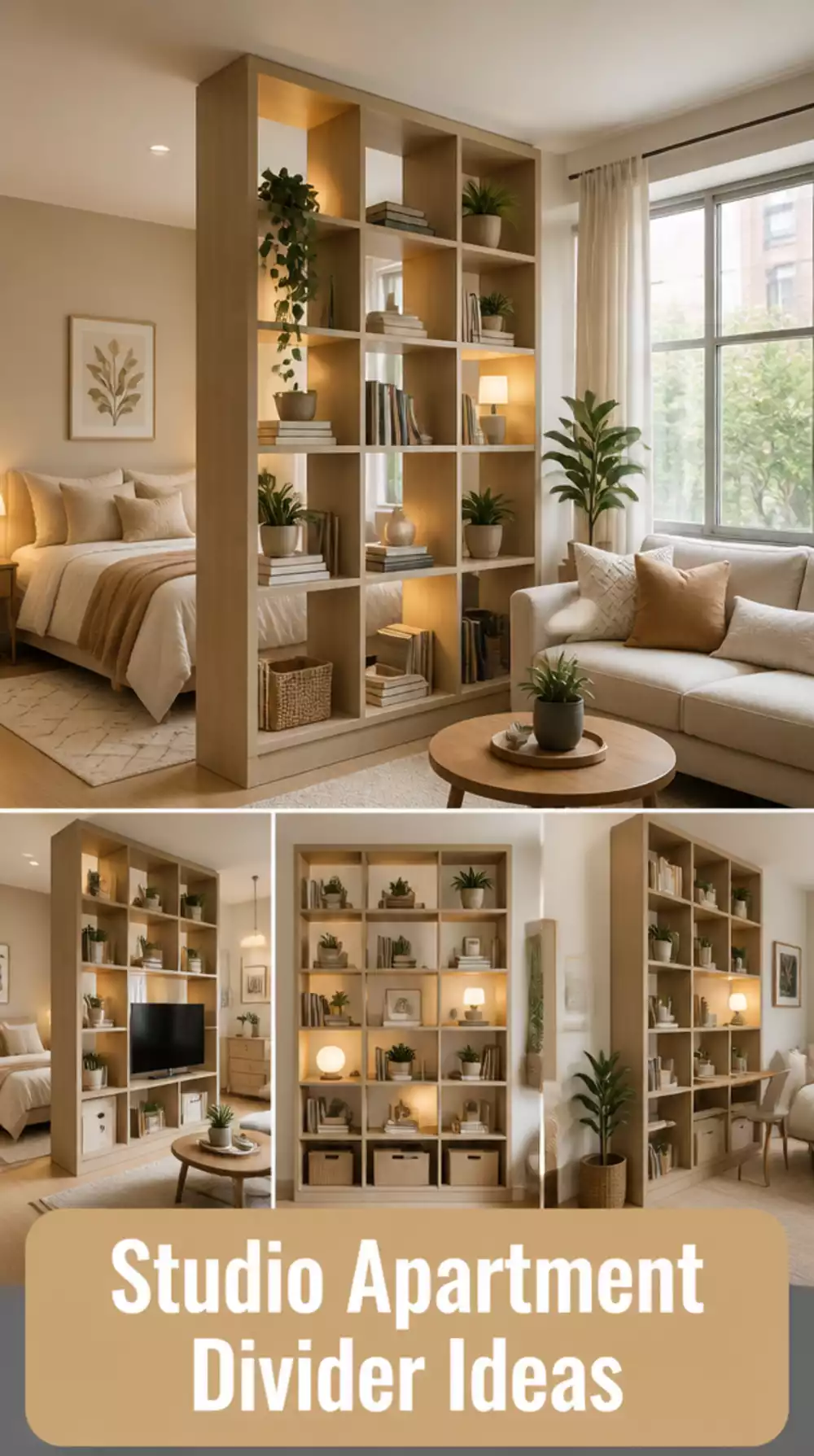Studio Apartment Bookshelf Room Divider That Separates the Sleeping Zone From the Living Area