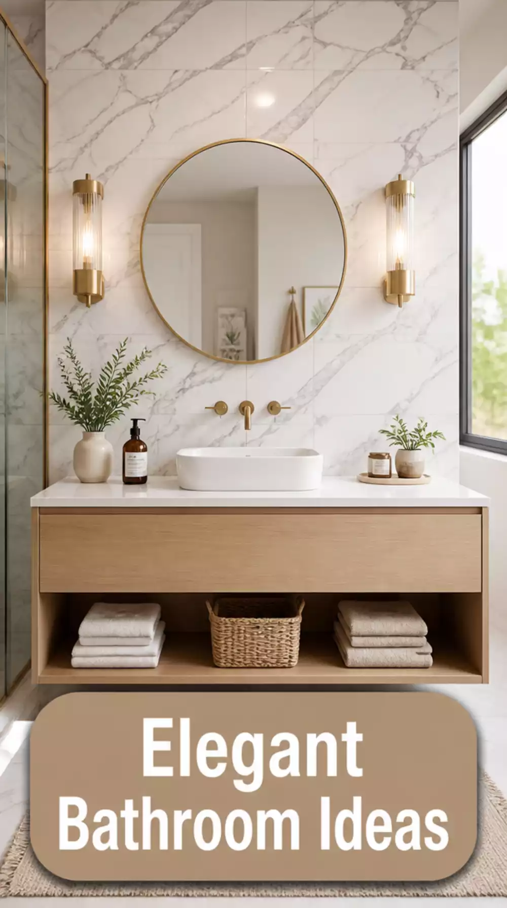 Bathroom Peel-and-Stick Marble Tile Panel Behind the Vanity Mirror as a Feature Splashback