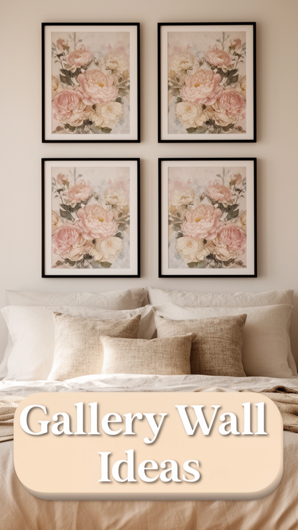 Bedroom Gallery Wall Using a Symmetrical Grid of Four Matching Art Prints