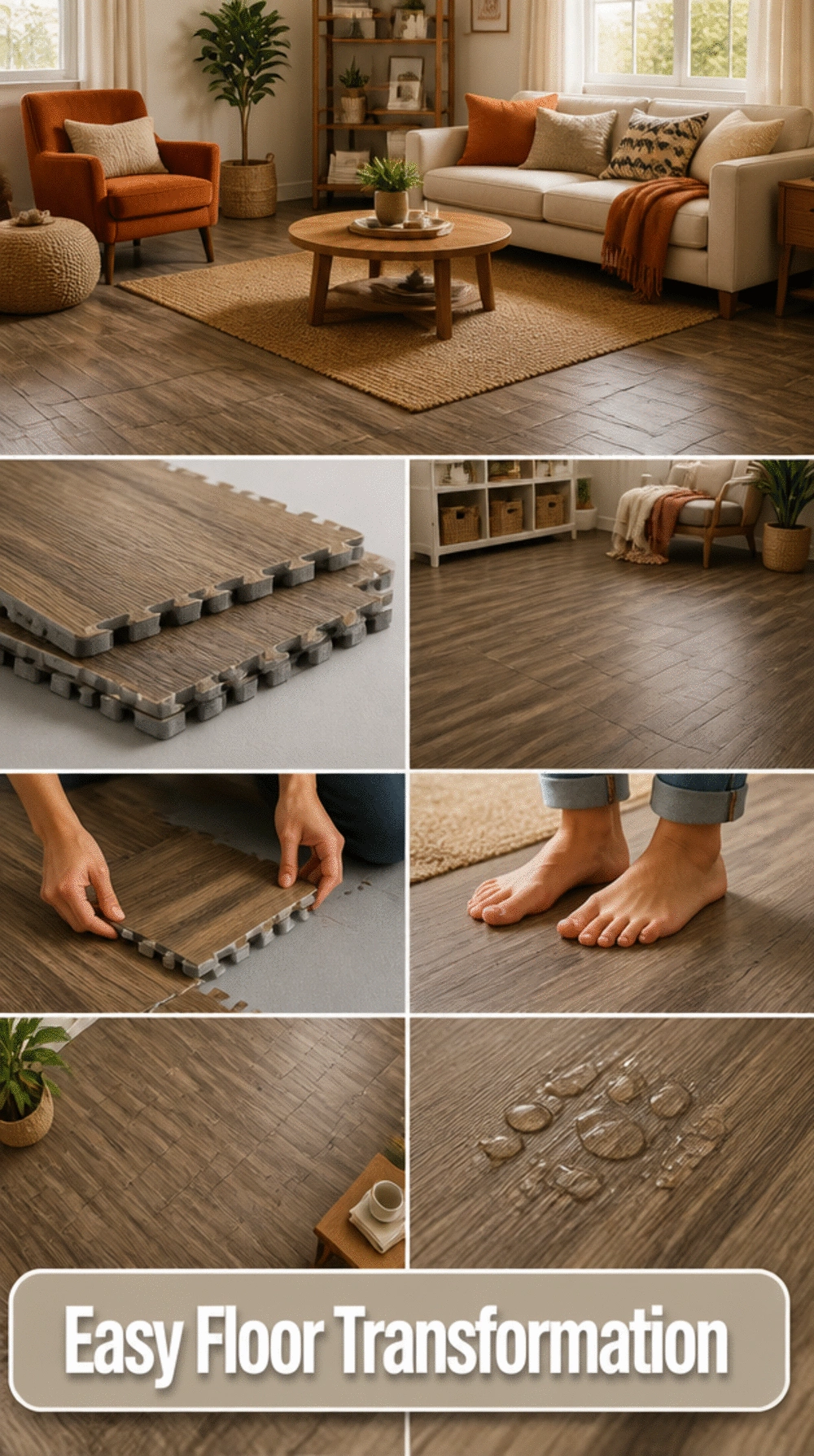 Living Room Interlocking Foam Wood-Effect Tile Set That Covers a Cold Hard Floor Instantly