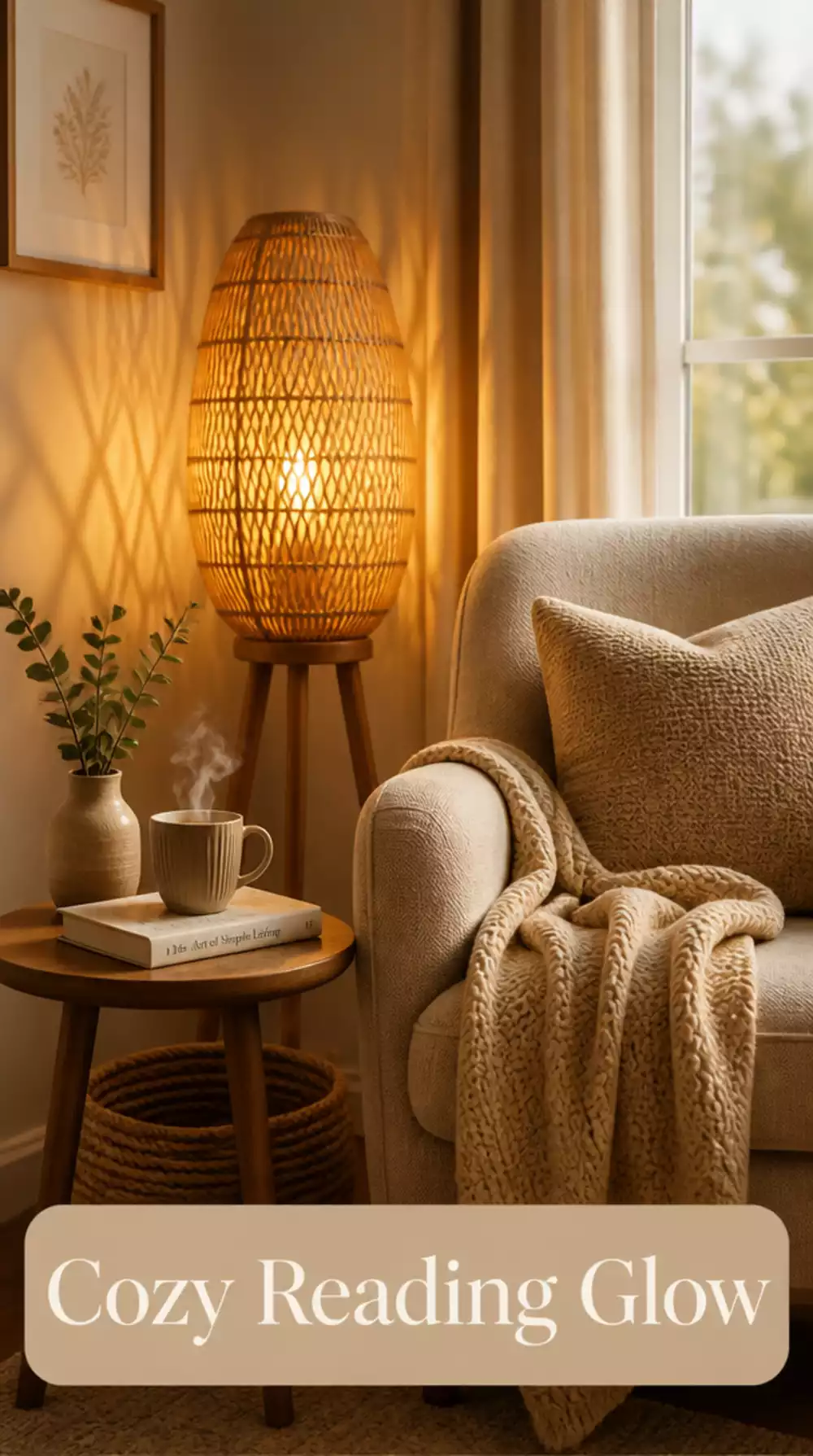 Living Room Woven Rattan Side Lamp With a Warm Bulb That Creates a Soft Reading Glow