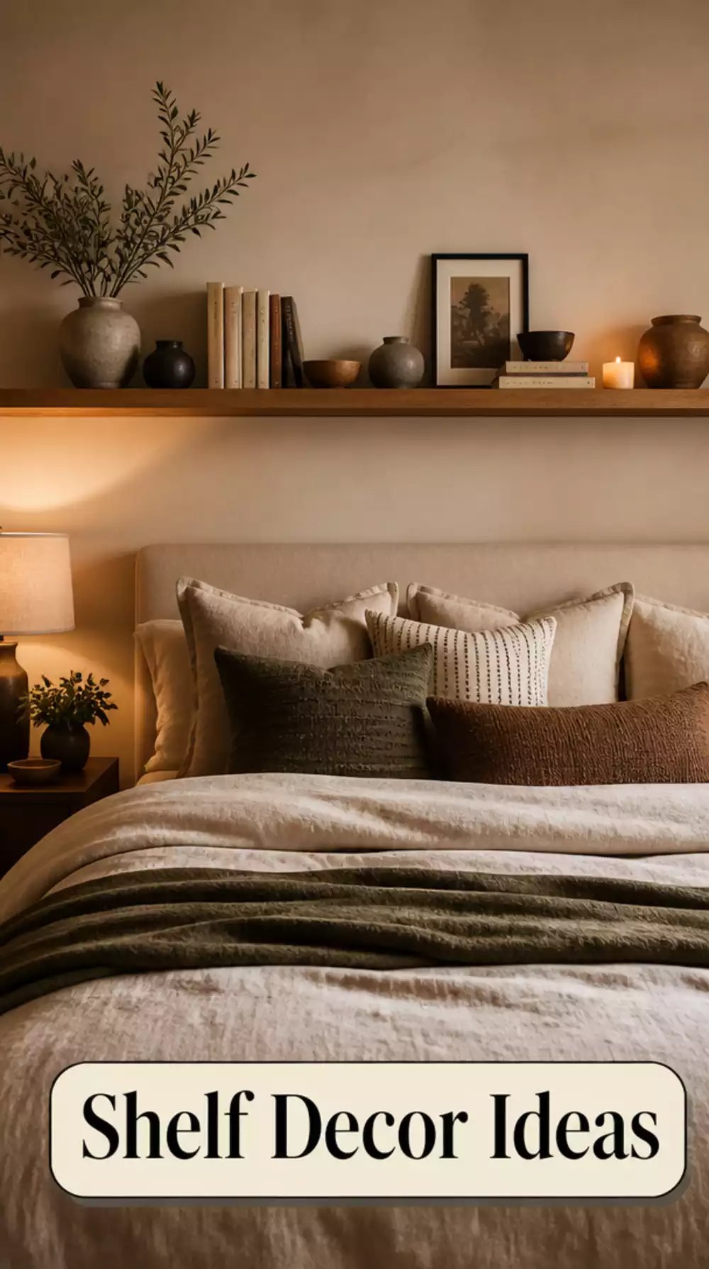 Bedroom Floating Shelves Above the Bed That Display Books and Small Ceramics