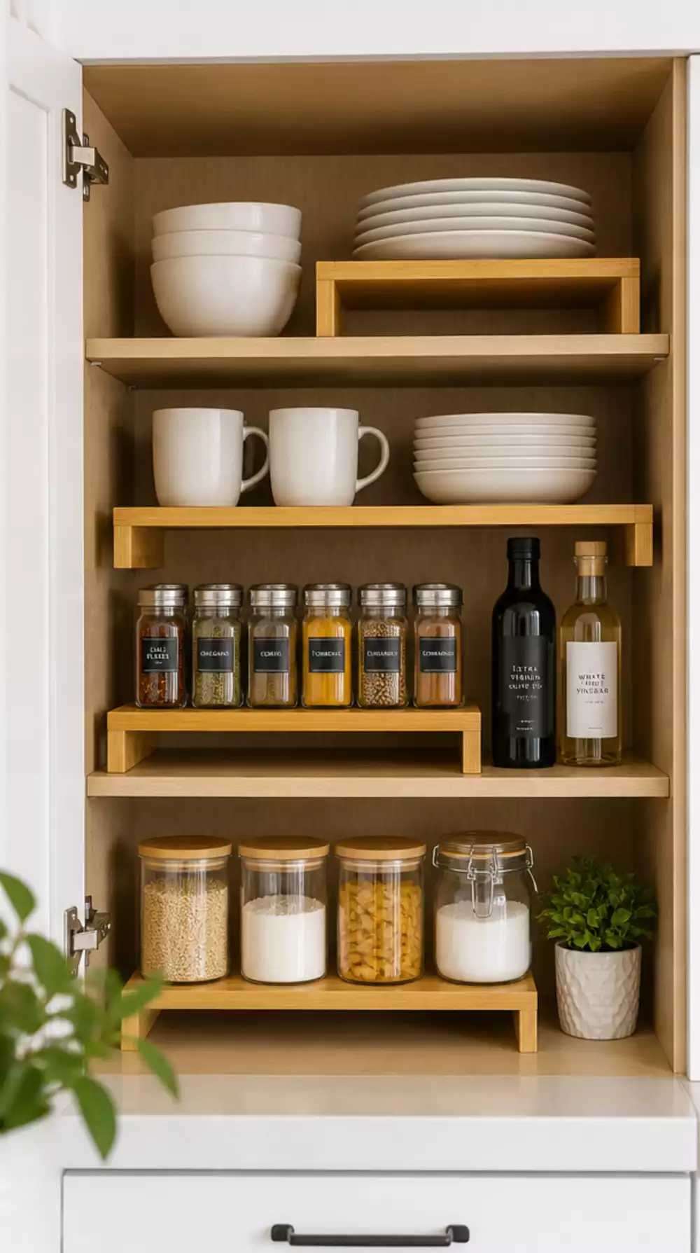 Kitchen Cabinet Shelf Riser Set That Doubles the Usable Stack Space Inside a Cupboard