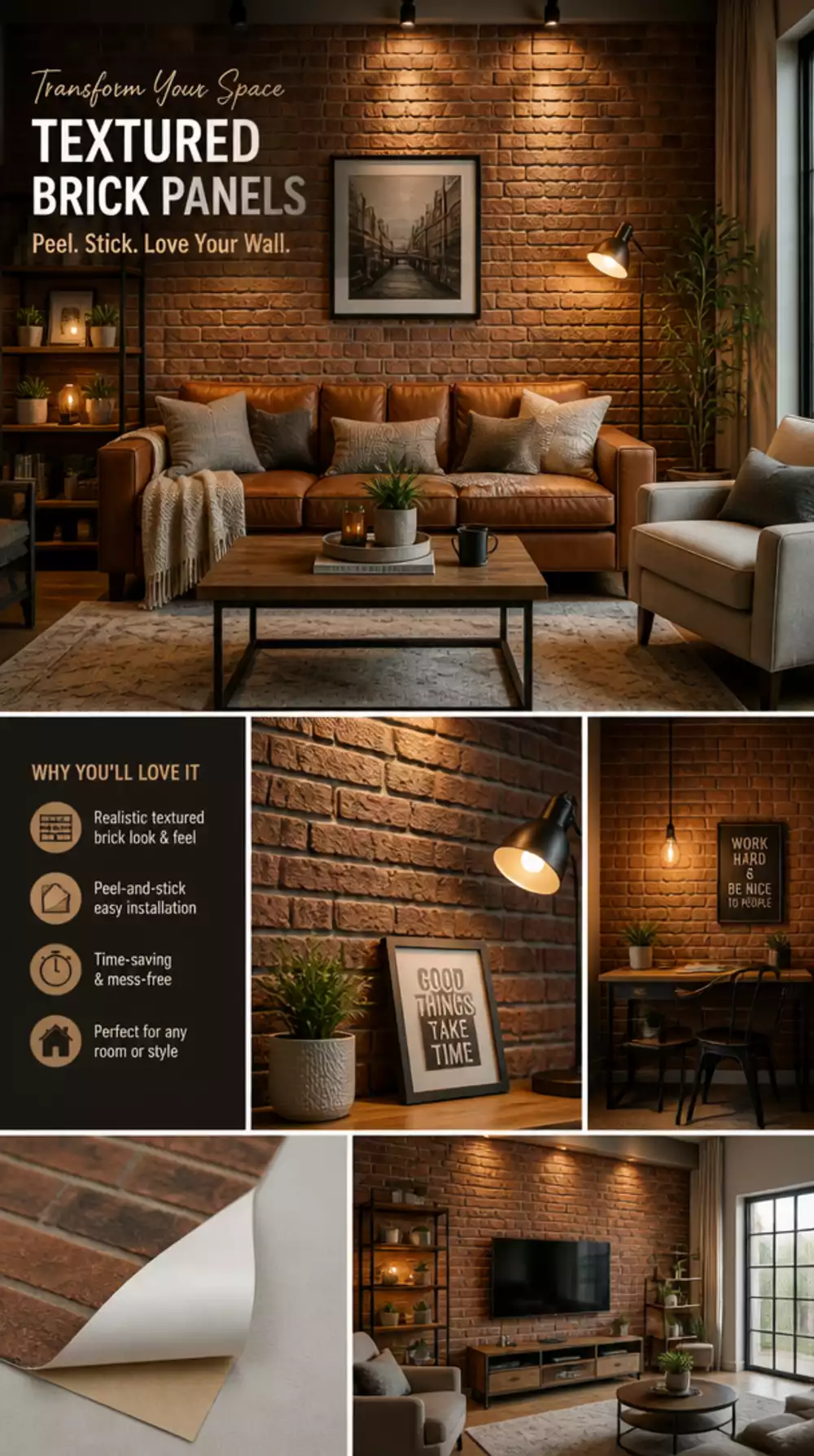 Living Room Peel-and-Stick Textured Brick Panel That Fakes an Exposed Brick Accent Wall