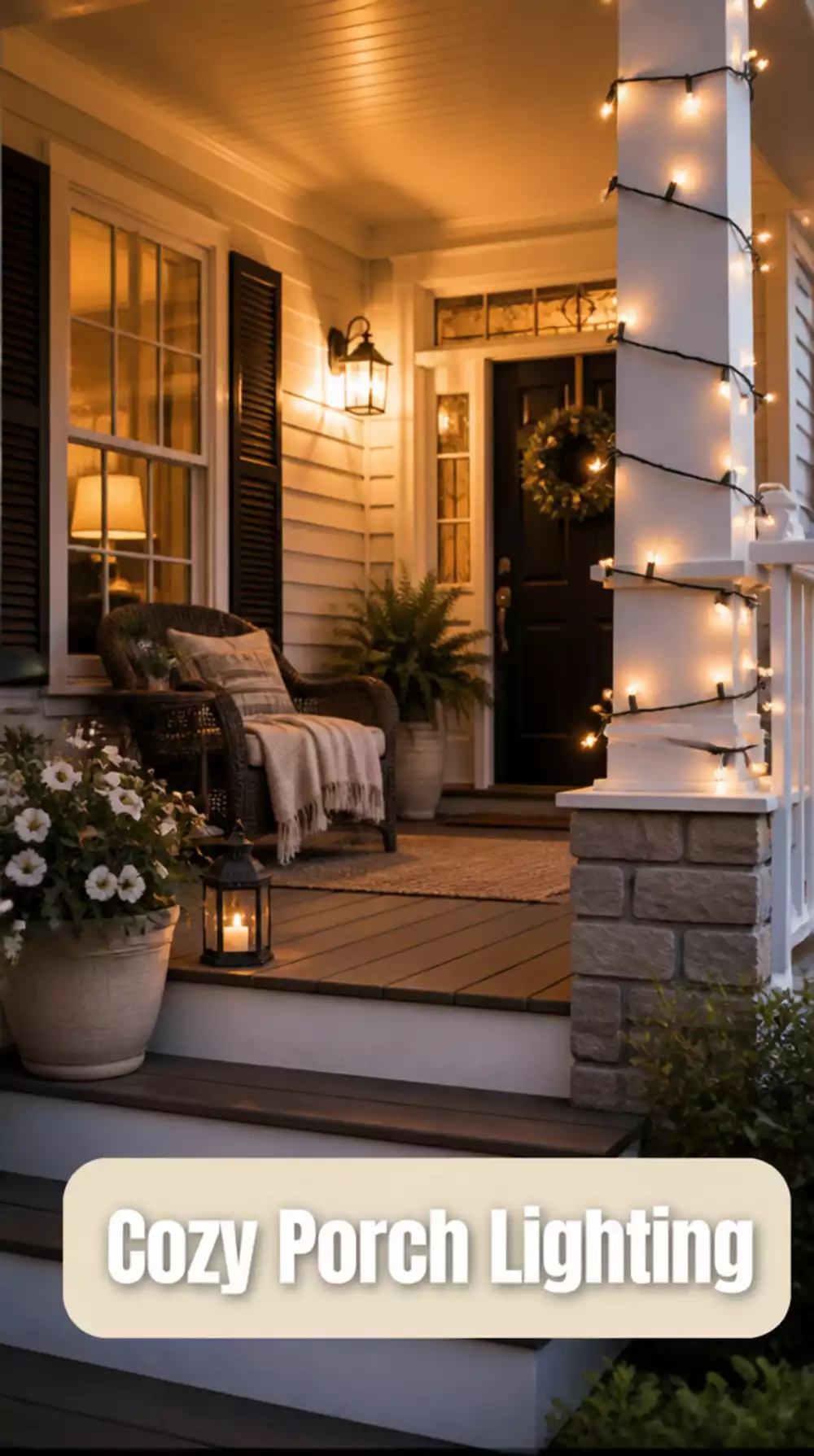 Front Porch String Light Wrapped Around a Banister Post That Adds Warmth to an Evening Entry
